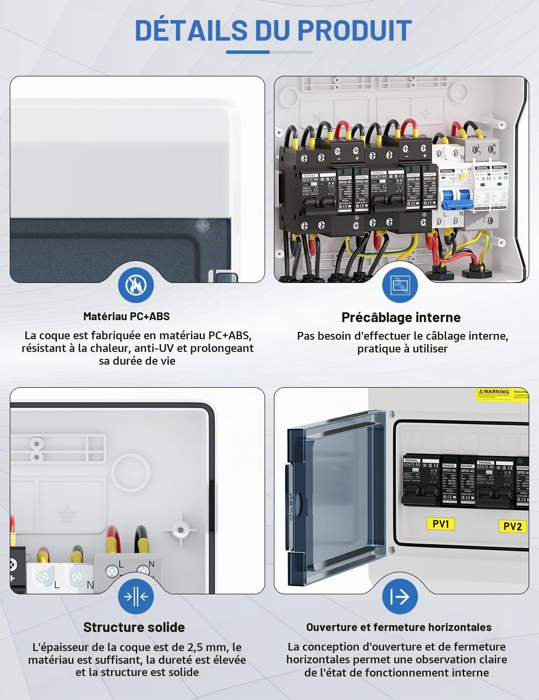DIHOOL Disjoncteur DC protection contre les surtensions système photovoltaïque 2 chaînes 1000V 25A 2x500W boîte de jonction solaire avec protection contre les surtensions AC