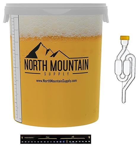 North Mountain Supply Cubo de fermentación graduado de 8 galones con doble burbuja Airlock, ojal y termómetro