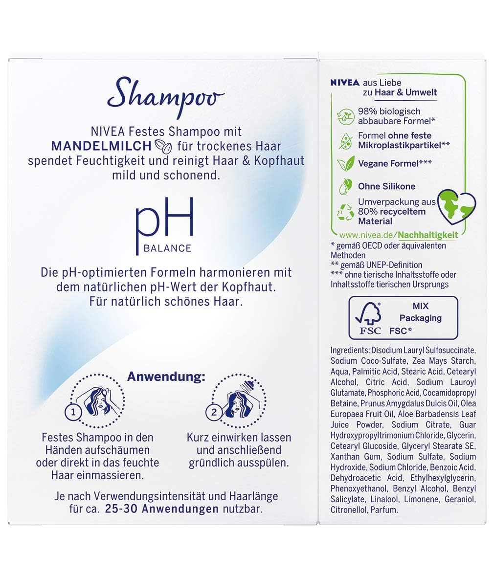 NIVEA festes Shampoo pH Balance für trockenes Haar (75 g), sanft reinigendes Festshampoo mit Mandelmilch… – Ansicht 2