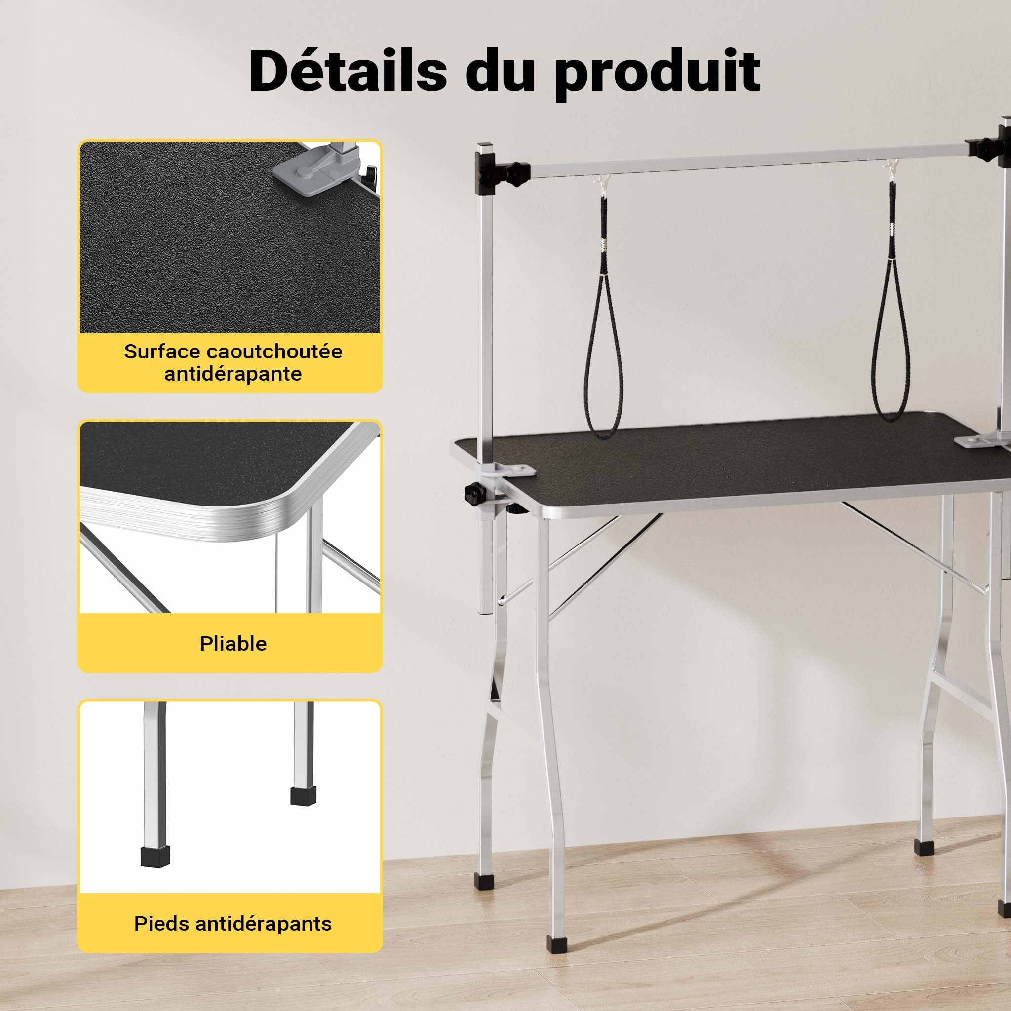 WilTec Table de toilettage canin et félin - 105 x 61,5 x 160 cm - Structure Pliable - avec 2 Sangles - Surface de toiletteur Soins Grooming pour Chiens et Chats