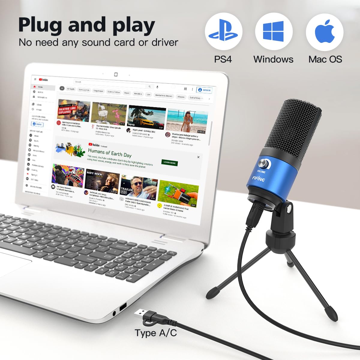 FIFINE K669L Microphone d'ordinateur USB pour Enregistrement vidéo Youtube Voix sur Voix sur Mac et PC, Microphone à condensateur avec contrôle de Gain pour Home Studio, Plug & Play