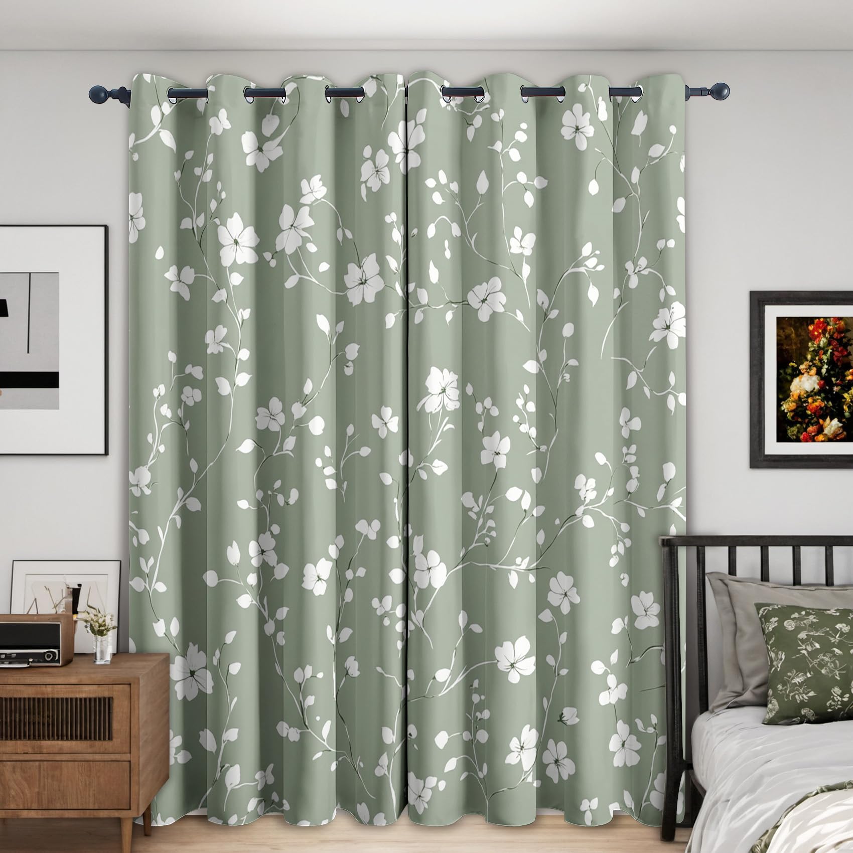 Sage Green Floral Curtains for Bedroom Living Room, Flower Leaf Blackout Curtains 42x84 Inch, Eyelet Thermal Drapes Window Treatments, 2 Panels Bsy74