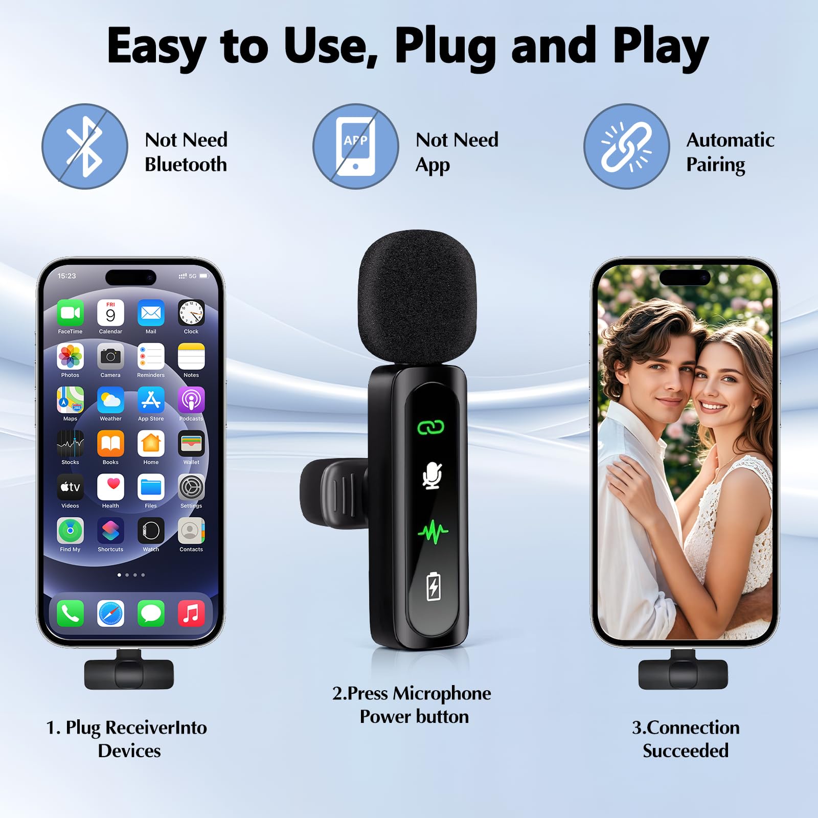 Microfono Lavalier per iPhone Android Laptop, Mini Microfono Wireless, A Clip,Con Display a LED,Riduzione Del Rumore,Per La Registrazione Video Social, Tiktok, Youtube,Streaming, Podcast, Vlogging