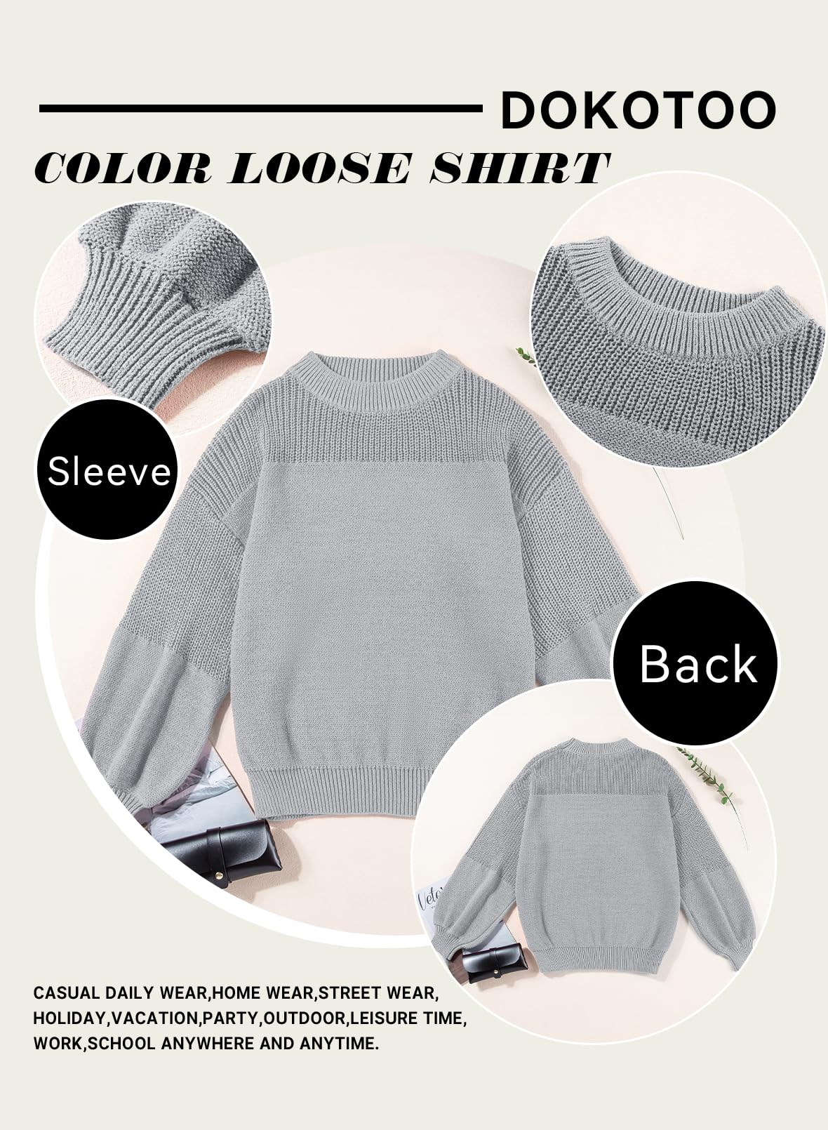 Dokotoo Damen Pullover Elegant Rundhals Puffärmel Strickpullover Einfarbig Lässig Lose Oberteile Herbst Winterpullover Pulli S-XXL