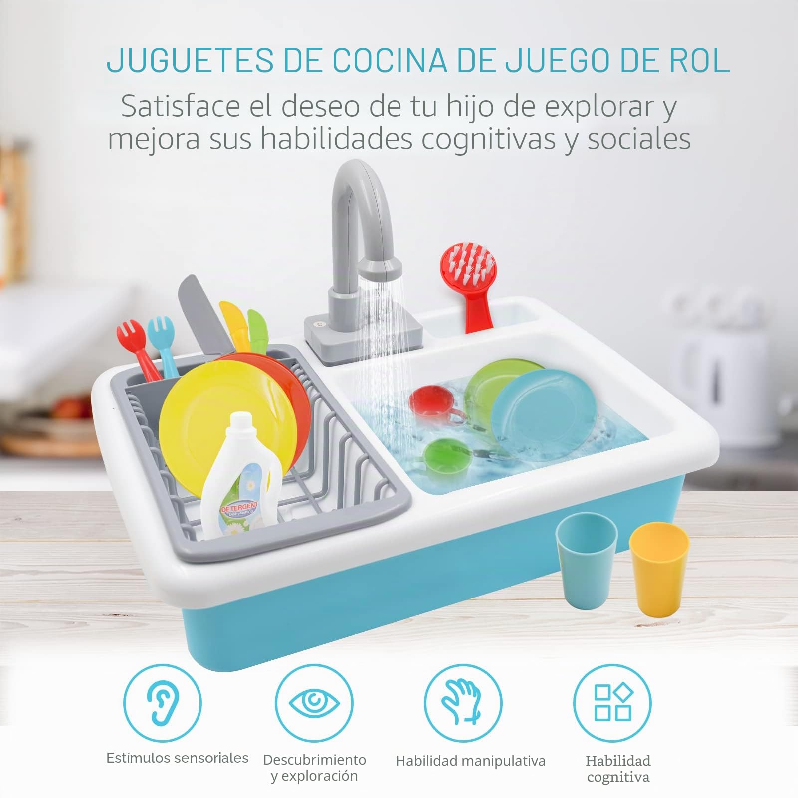 Acelane Fregadero de cocina electrónico fregadero juguete para lavar platos Accesorios de cocina para niños Juego de juegos de imitación para aprender