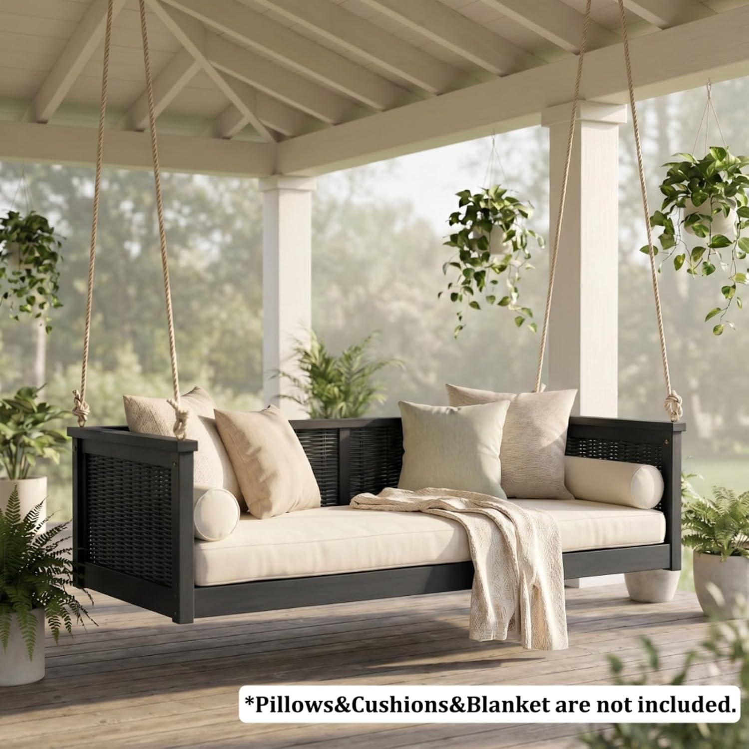 Twin Size Acacia Wood Patio Swing Bed Outdoor Hanging Furniture with Weather Resistant Frame, 350LBS Capacity for Porch Backyard Garden (Black + Acacia Wood + Mix Match)