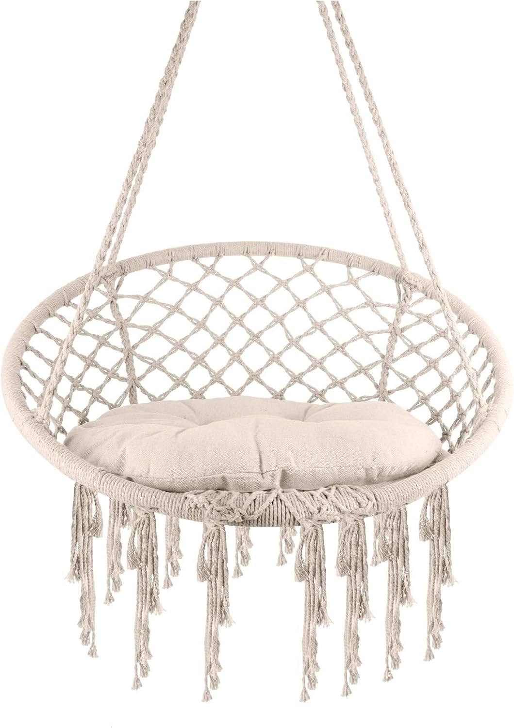 Hammock Chair Hanging Swing Chair 330 LBS, Hanging Cotton Rope Swing Chairs with Cushion and Hardware Kits, Hanging Chairs for Indoor Outdoor Bedroom Garden (A)