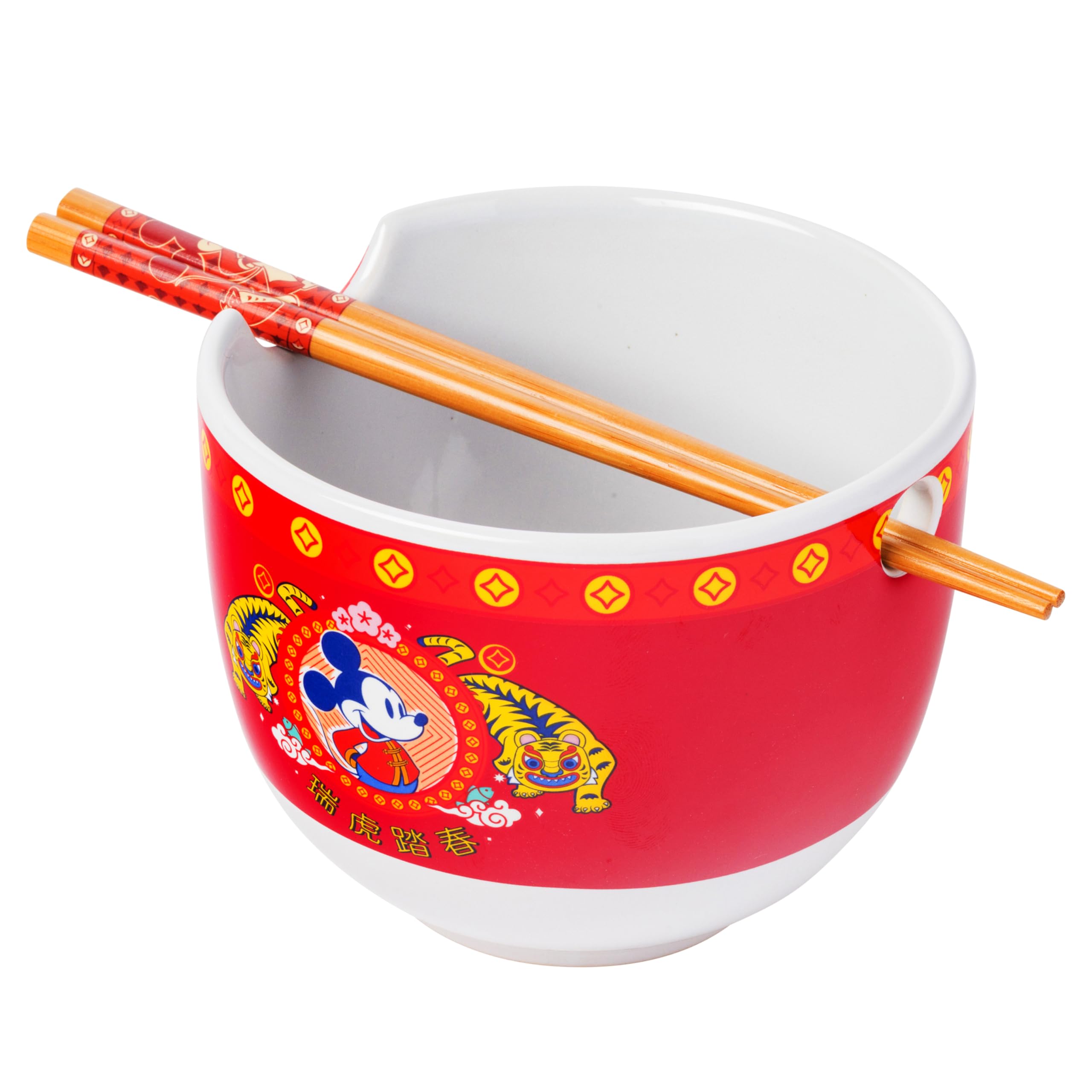Silver Buffalo Disney Mickey Mouse Lunar Chinese New Year Tiger Ceramic Ramen Noodle Rice Bowl with Chopsticks, Microwave Safe, 20 Ounces