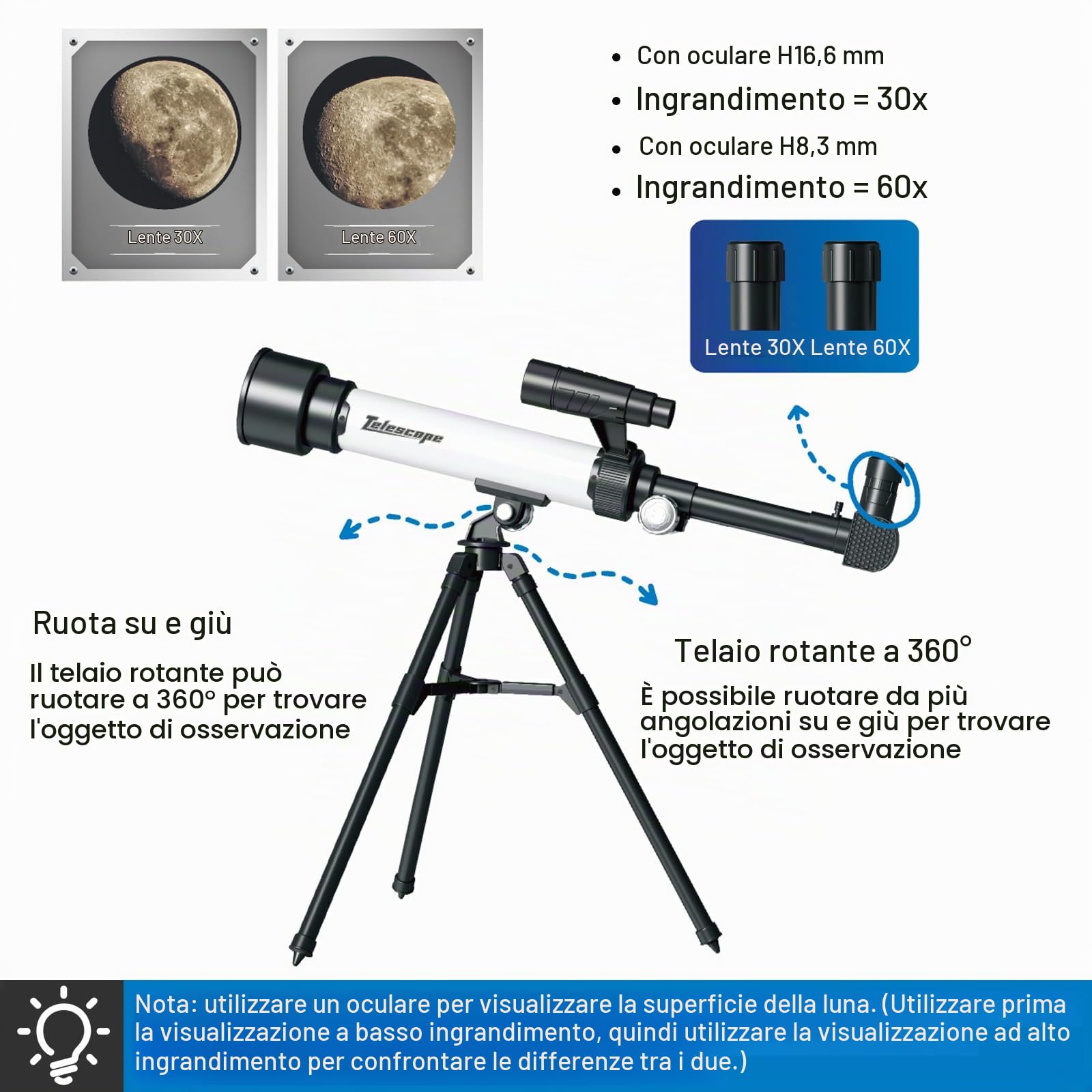 Telescopio Astronomico per Principianti Adulti Apertura 50 mm/500 mm, Telescopio Optics Rifrattore Portatile da Viaggio 30X/60X con Treppiede Regolabile
