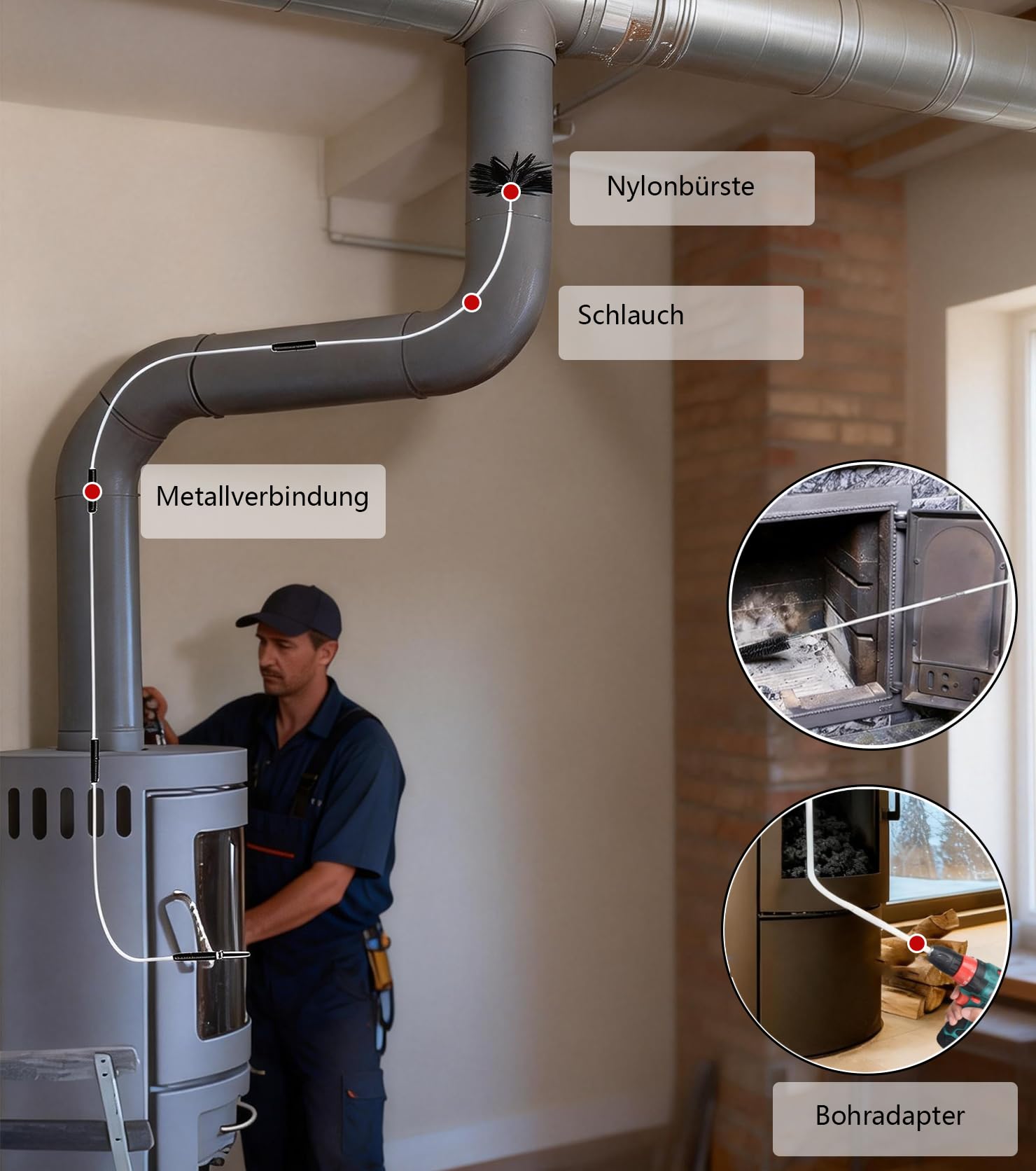 ZHEHNSA Set di 23 spazzole per camino, spazzola per canna fumaria, spazzola per canna fumaria, 150 mm, 40 mm, spazzola per la pulizia del tubo del camino in nylon con aste flessibili, 12 x 410 mm