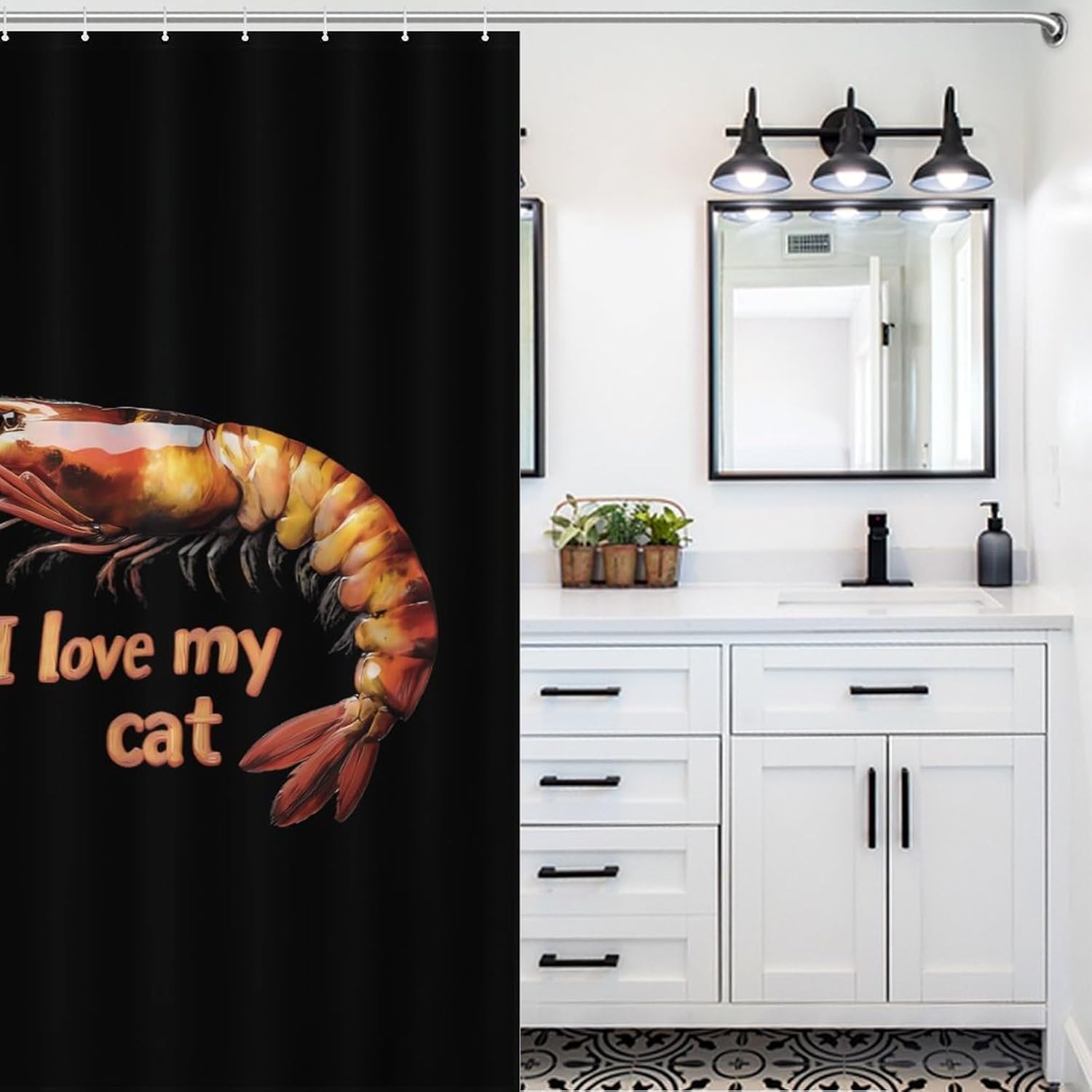 I Love My Cat Shrimp Funny Shower Curtains Washable Bath Curtain Liner with Hooks for Bathroom Bath Tubs