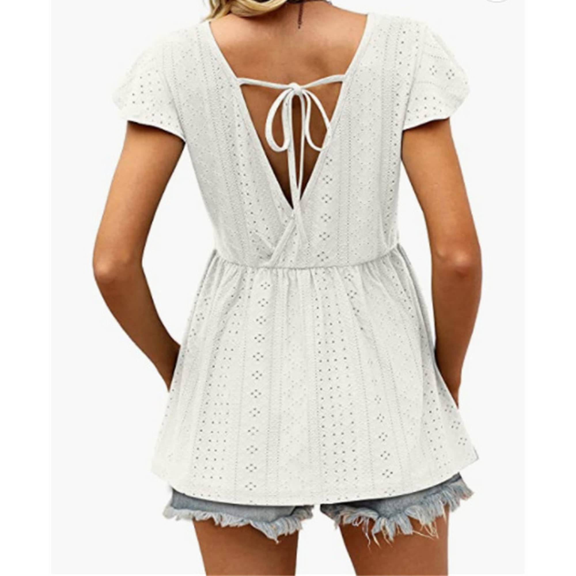 Womens Crewneck Eyelet Flowy Tshirts Casual Ruffle Sleeve Lace Crochet T-Shirt Solid Color Pleated Dressy Tops (Large,White)