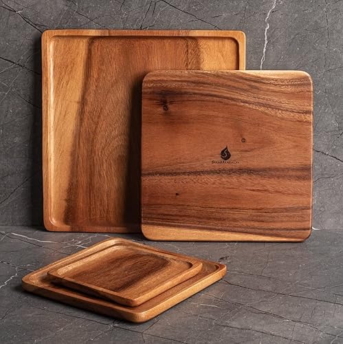 Miniatura 6 de SiamMandalay Platos anidables de madera de acacia cuadrados de lujo (juego de 4) platos de madera para servir platos y postres, vajilla de cocina o