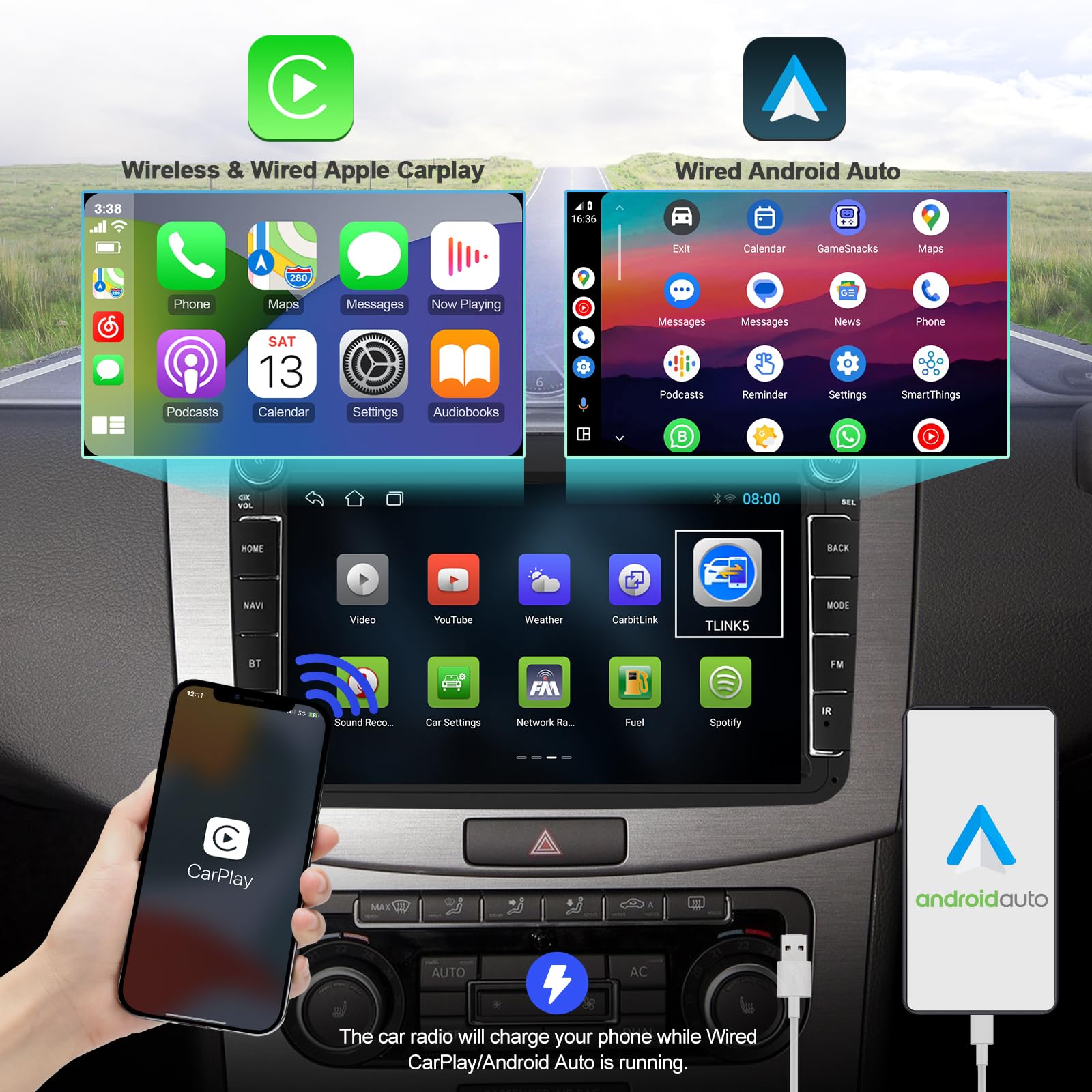 2G 64G 8 cali Android 14 Car Multimedia Player Radio Stereo for VW Polo Golf Passat Seat with Wireless CarPlay Android Auto Mirror Link WiFi SWC GPS Navi Bluetooth FM Backup Camera