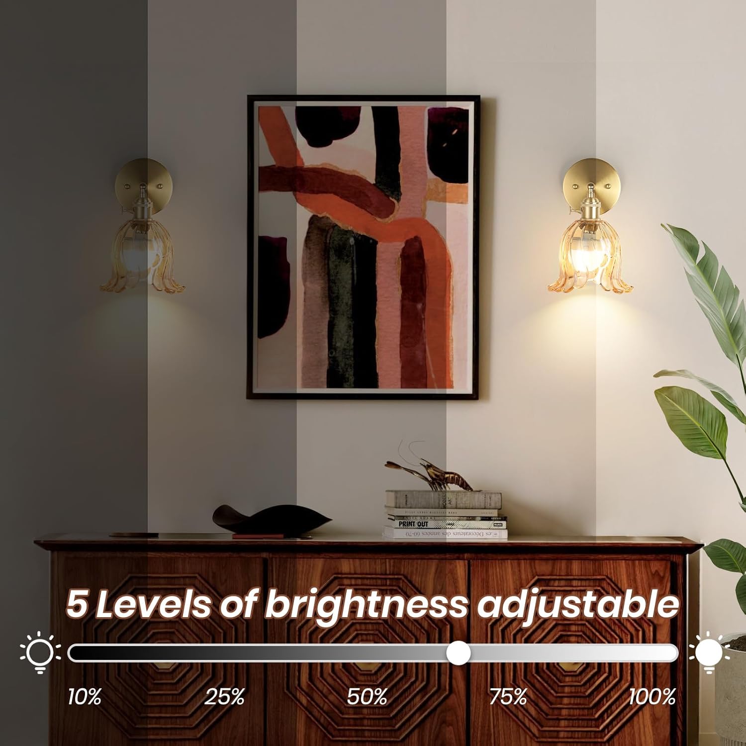 Vintage Battery Operated Wall Sconce, Wall Lighting with Flower Lampshade,Rechargeable Battery Wall Lamp Wall Lights with RGB for Bedroom, Living Room (Lily Amber)