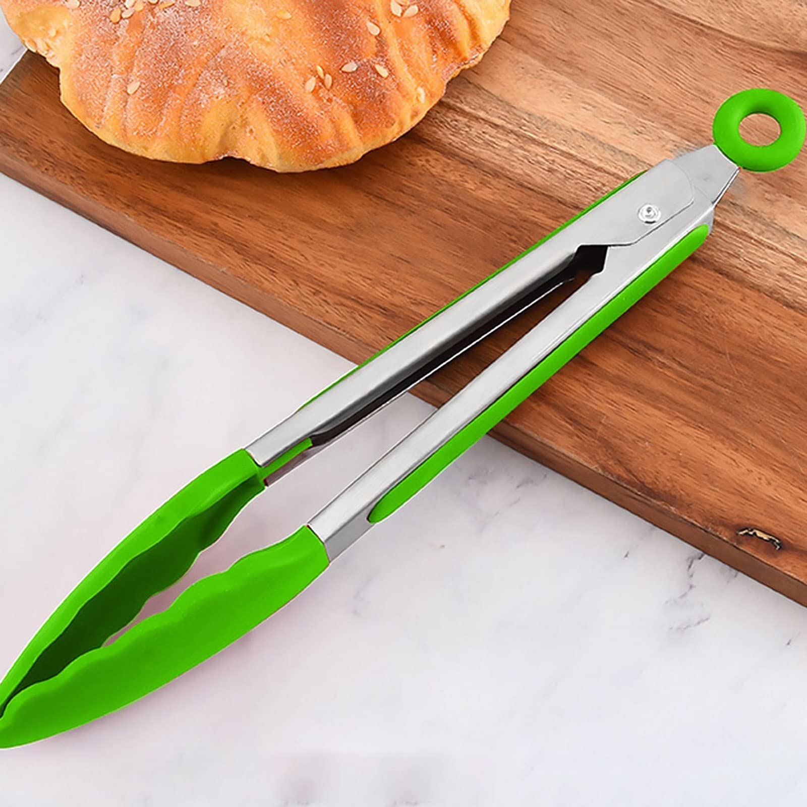 Pinzas de Cocina Pinzas para Alimentos Resistentes al Calor Clip de Silicona Antiadherente Pinzas para Pan de Acero Inoxidable Pinzas para Servir Pinzas para Barbacoa (Verde)
