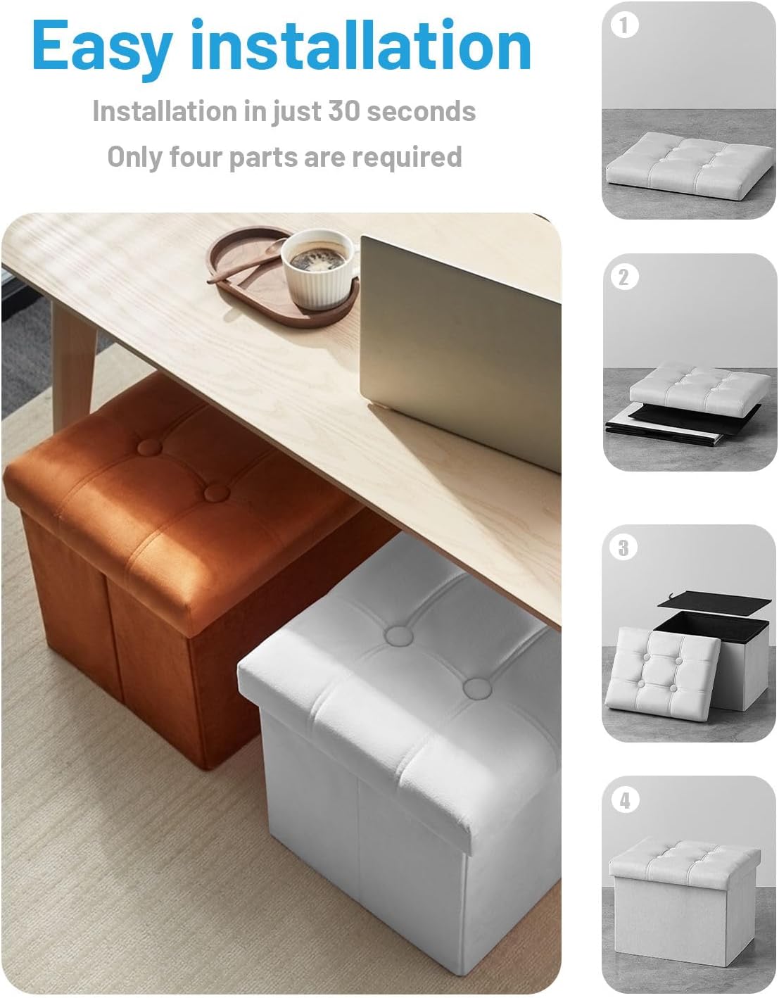 AmasSmile 2PC Storage Ottoman Foot Rest Stool, 17 inch Velvet Footstool Bench, Short Ottomans Stool, Small Folding Storage Ottoman Store Books, Records, White - Image 6