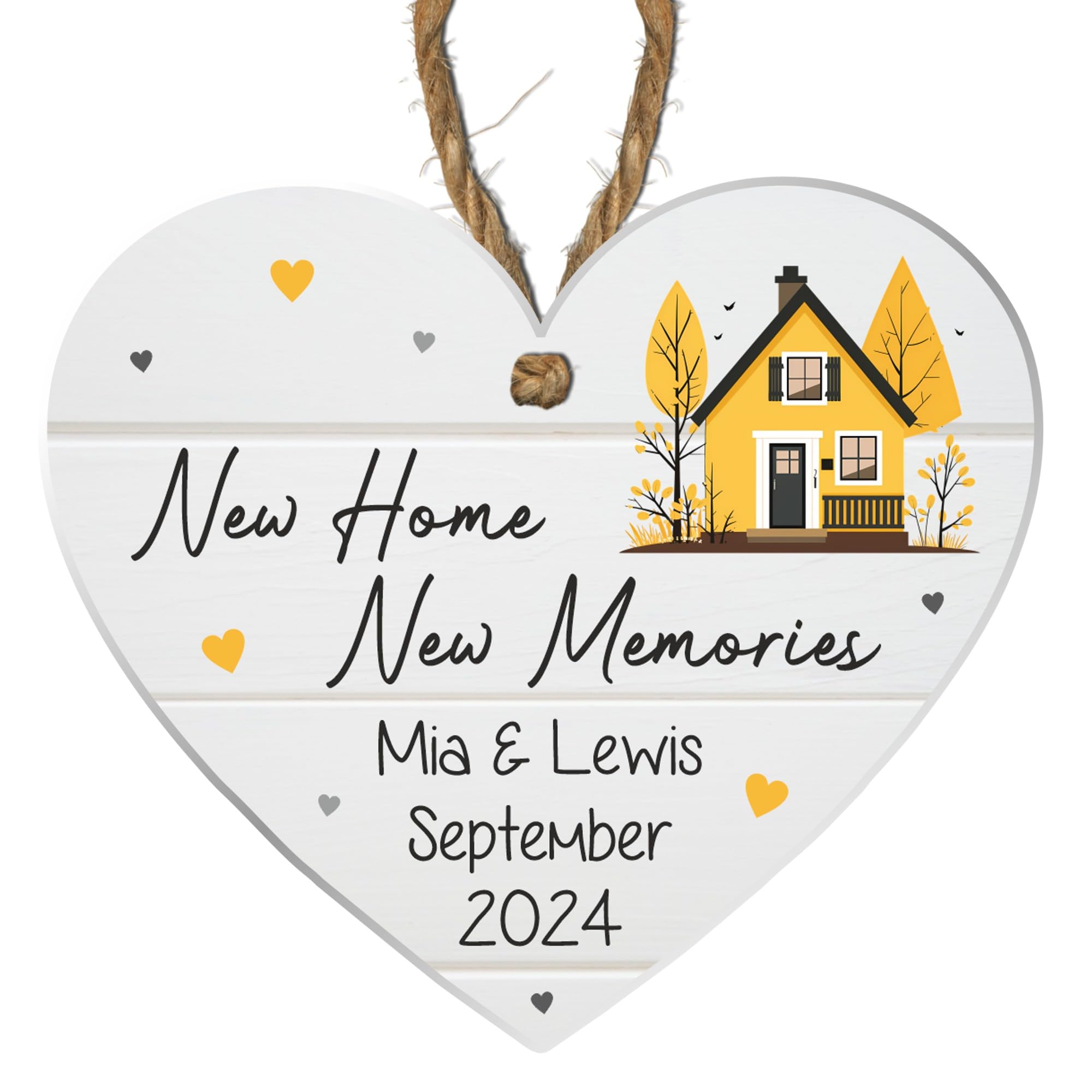 New Home, New Memories Personalised Heart Plaque - Customise with Names and Date - Perfect for Housewarming Gifts or Home Décor (Yellow House, Acrylic Indoor & Outdoor Use)