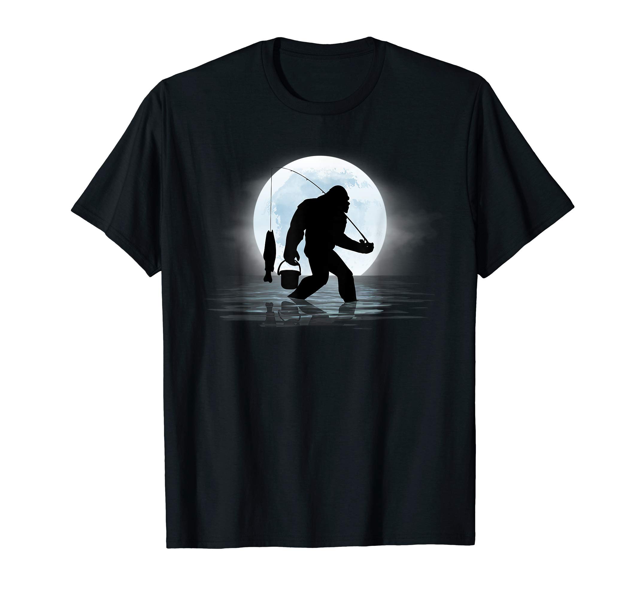 Funny Bigfoot TeesBigfoot Fishing Funny Sasquatch and Fish Night Fishing T-ShirtOEKO-TEX STANDARD 100