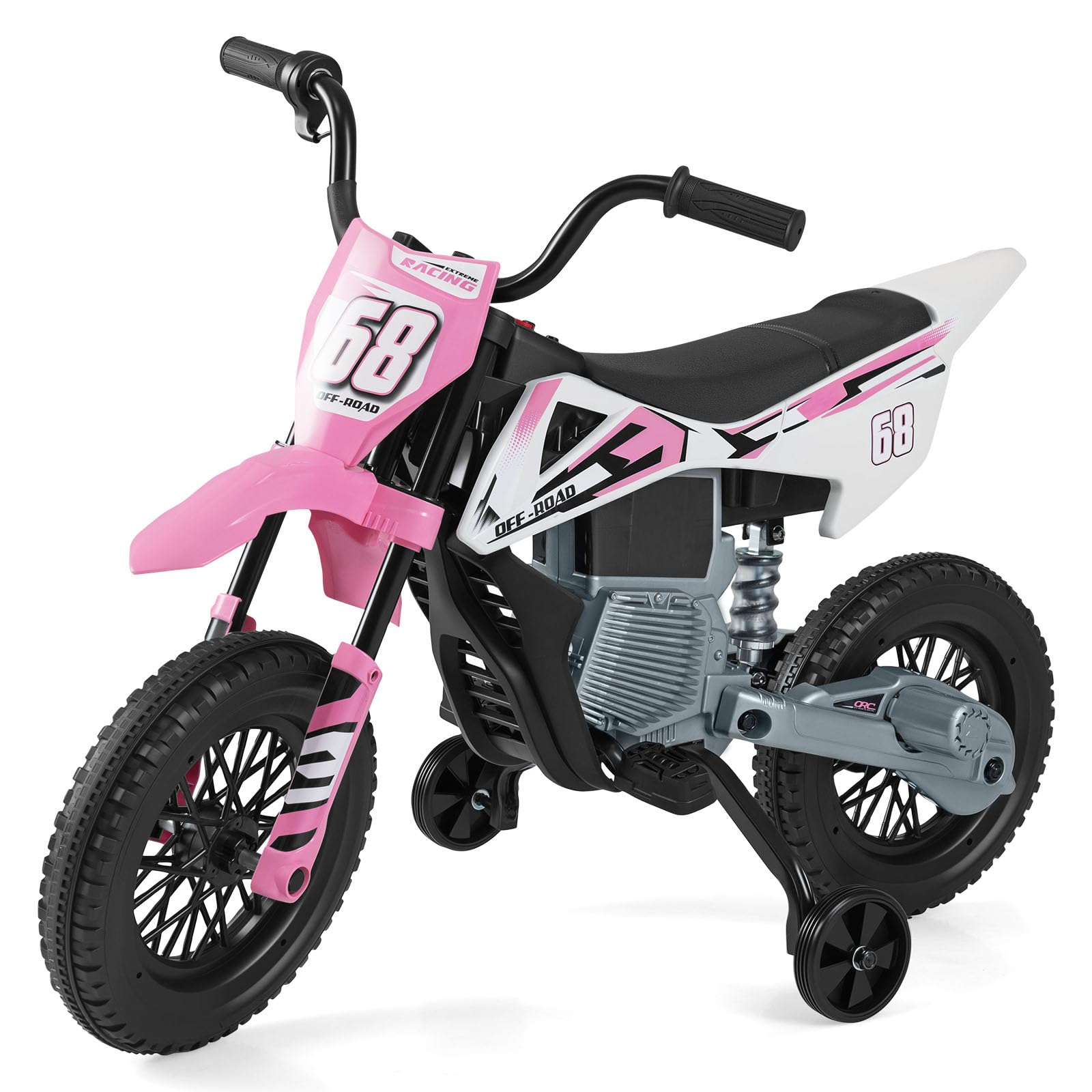 COSTWAY 12V Moto Elettrica per Bambini, Motorino Elettrico con Ruote di Allenamento Rimovibili, Sospensione a Molla, Musica e Connessione Wireless, Motocicletta Cavalcabile per 3-8 Anni (Rosa)