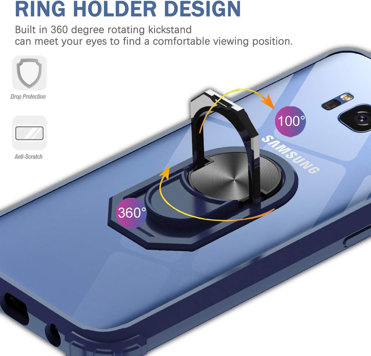 LeYi Samsung Galaxy S8 Case with [2 Pack] 3D PET Screen Protector, Clear Crystal Military-Grade Protective Phone Case with Ring Car Mount Kickstand for Samsung S8, Blue