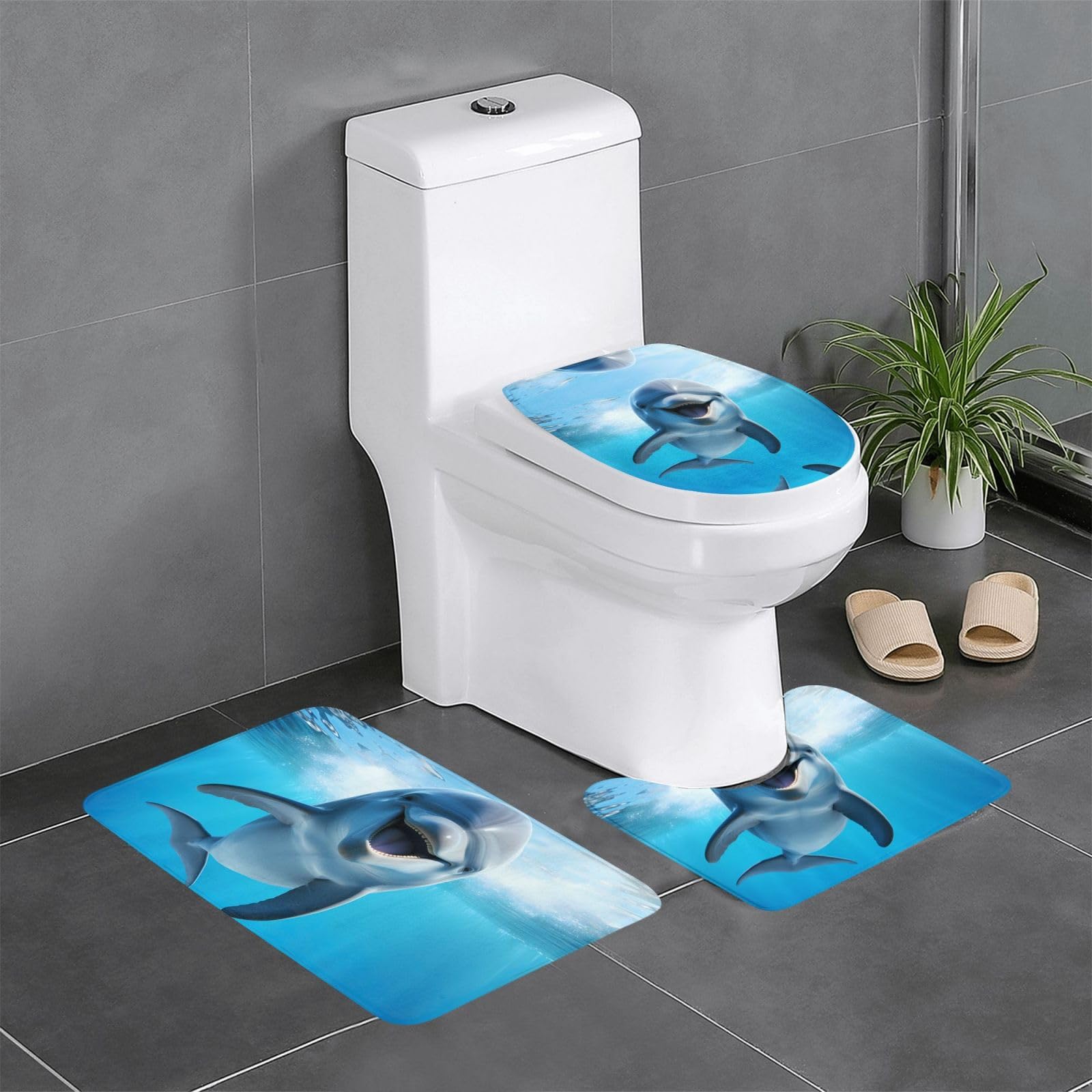 Tapis de salle de bain dauphin 3 pièces antidérapant avec contour WC et tapis rectangulaire