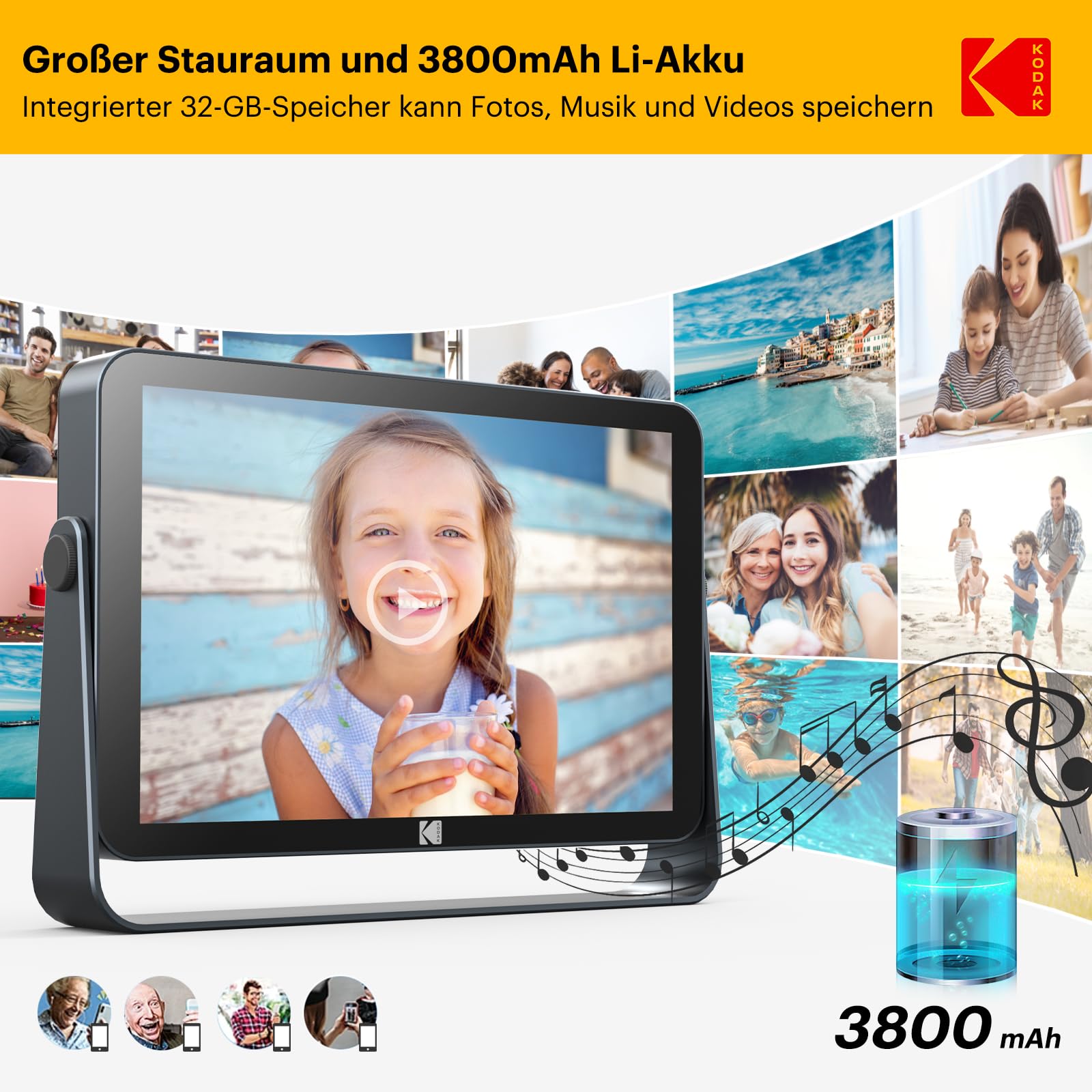 KODAK 10,1 Zoll WiFi Digitaler Bilderrahmen 1920x1200 IPS Touchscreen 32 GB Speicher 4000mAh Akku