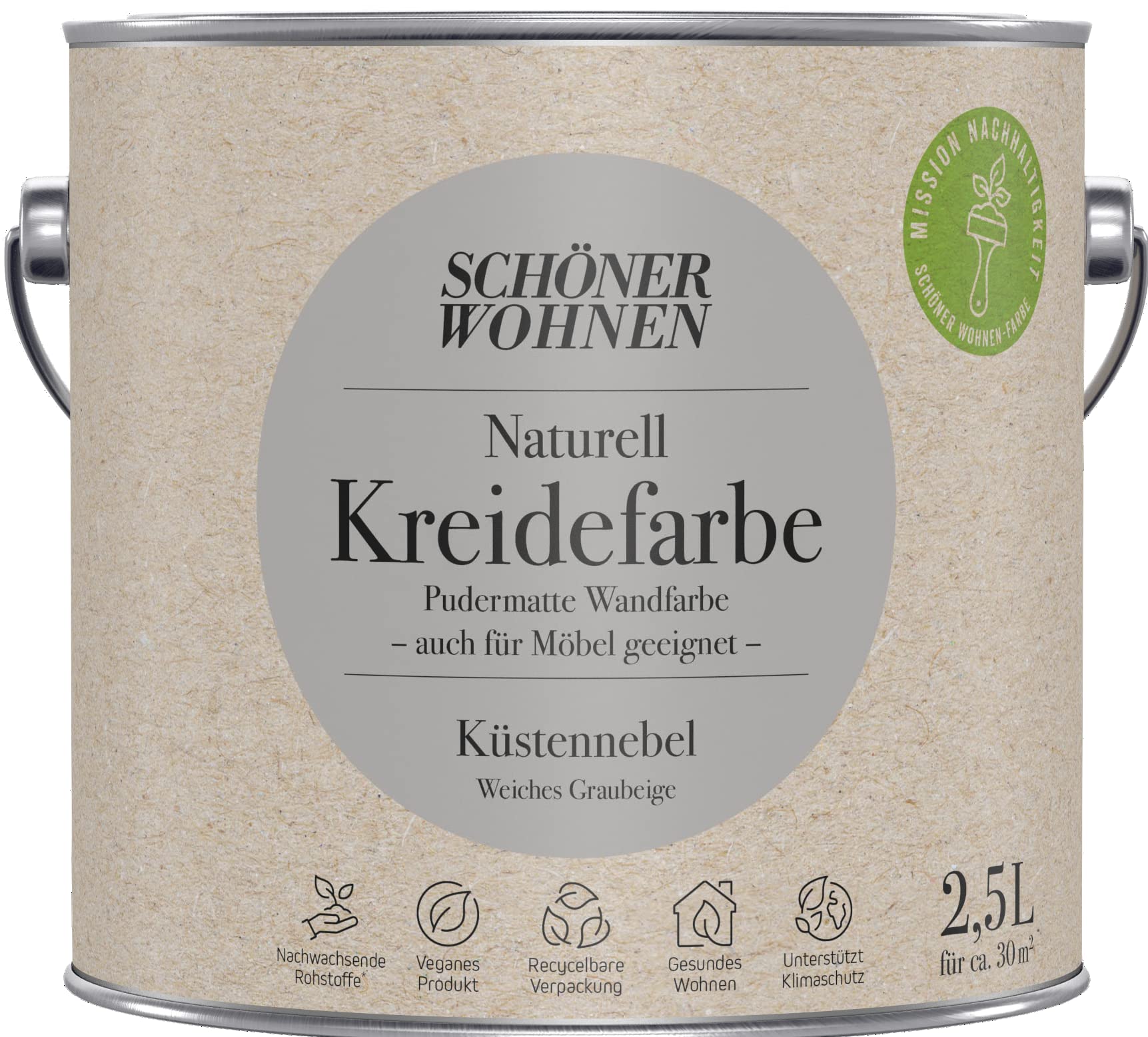2,5L Schöner Wohnen Naturell Kreidefarbe Küstennebel, Weiches Graubeige