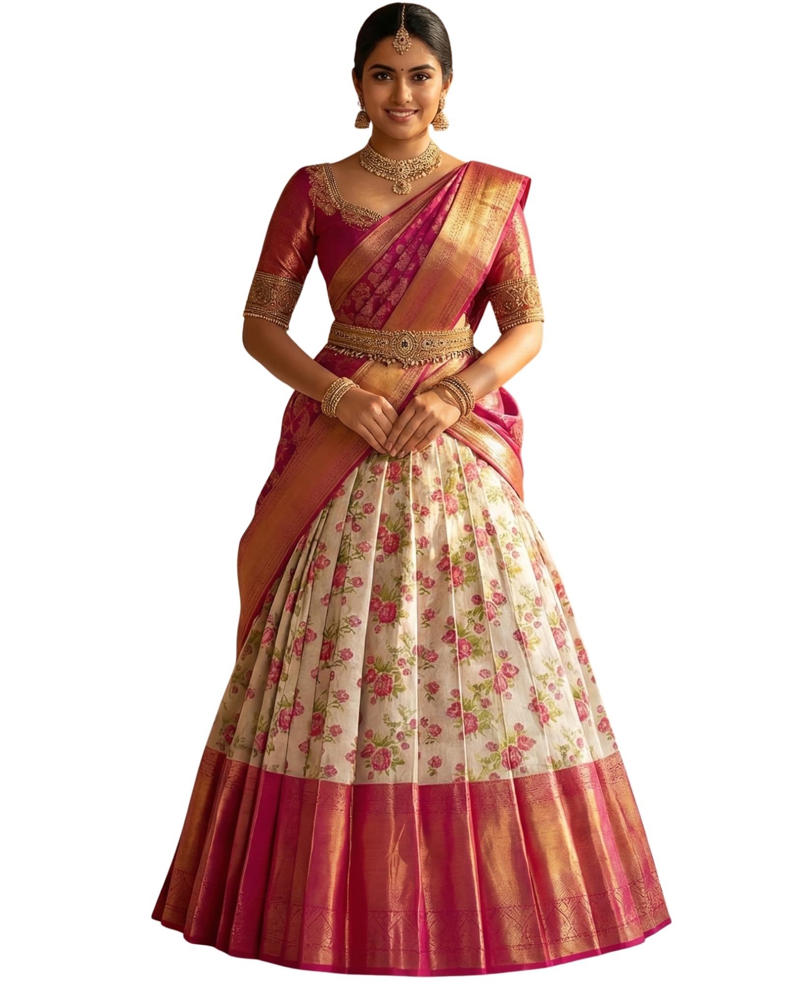 Women’s Traditional Kanjivaram Kanchipuram Silk Zari Weaving Unstitched Lehenga Choli with Dupatta Half Saree for Women Stylish Langa Voni Lehenga Set for Women South Indian Ethnic Wear