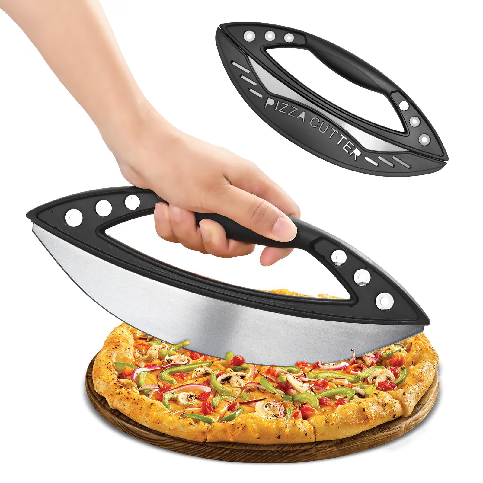 Large Pizza Cutter with Protective Lid, 29 cm Stainless Steel Pizza Cutter, with 6 Holes for Cutting Herbs, Ergonomic Non-Slip Handle, for Cutting Pizzas, Cakes, Breads and Herbs