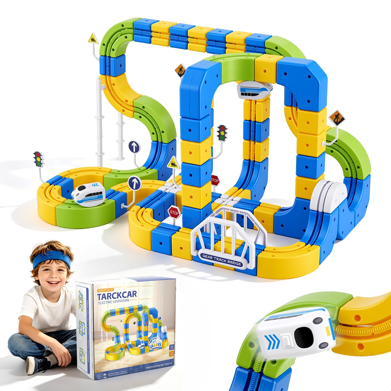 Train Électrique Enfant 224 Pièces – Cube Track Train avec Système klick, Parcours 3D et Ventouses, Jeu de Construction Créatif pour Enfants Dès 3 Ans