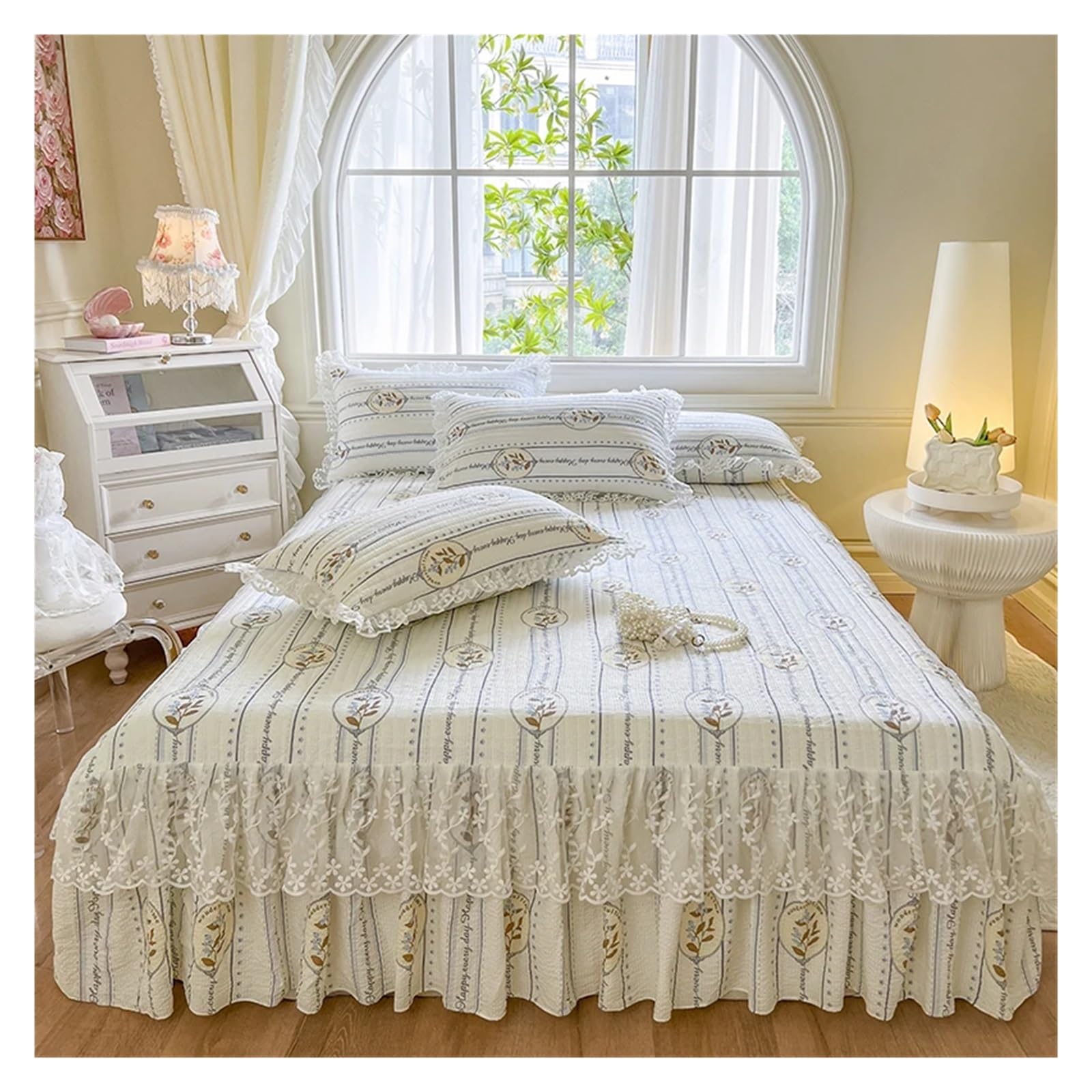1 Piece Lace Skirt + 2 Piece Pillowcases Bedding Bedspreads Sheet Pink Lace Bedding Set Bed For Cover(02,Queen 180x220cm 3pc)