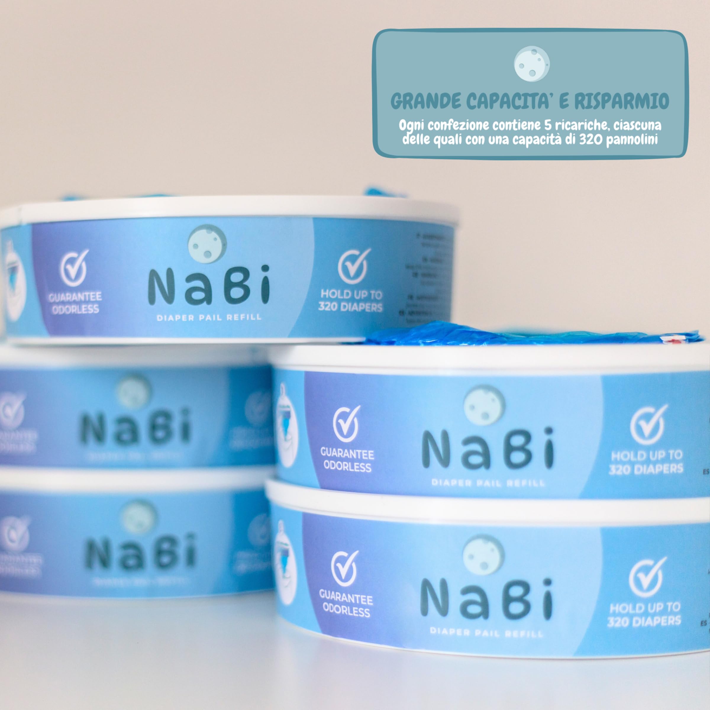 NABI LITTLE STEPS Ricarica Compatibile con Mangiapannolini Maialino Foppapedretti, Angelcare e Genie Litter Locker II. Confezione da 5 Ricariche Profumate, Facili e Convenienti