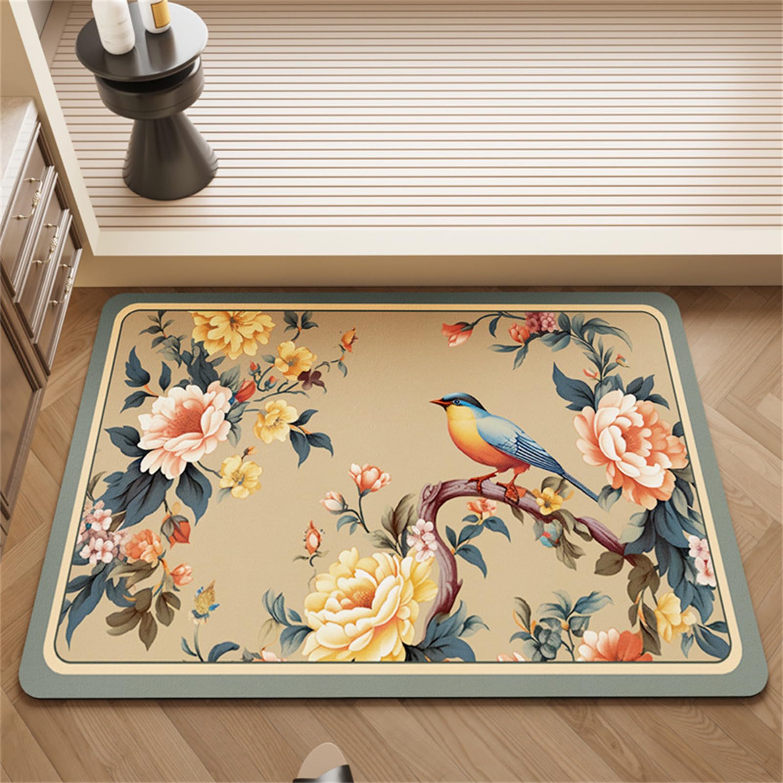 KAWABOSS Stone Bath Mat for Bathroom Non Slip Quick Dry Diatomaceous Earth Bath Mat Super Absorbent Bird Motifs Chinese Style Floor Mats for Shower Tub Kitchen