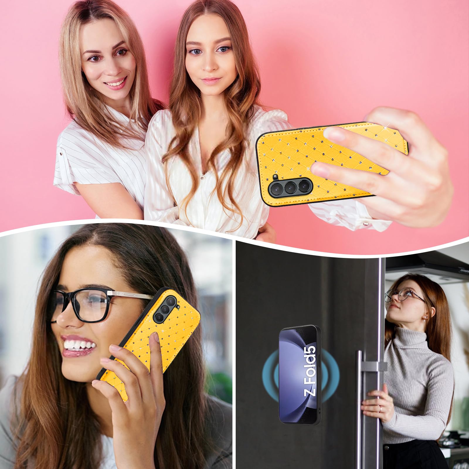 Custodia per Samsung Galaxy Z Fold 5 5G 2023 Portafoglio con cerniera Custodia magnetica staccabile a tracolla Cordino Bling Glitter Flip Porta carte di credito Slot ZFold5 Z5 G Fold5 5Z Donna Giallo