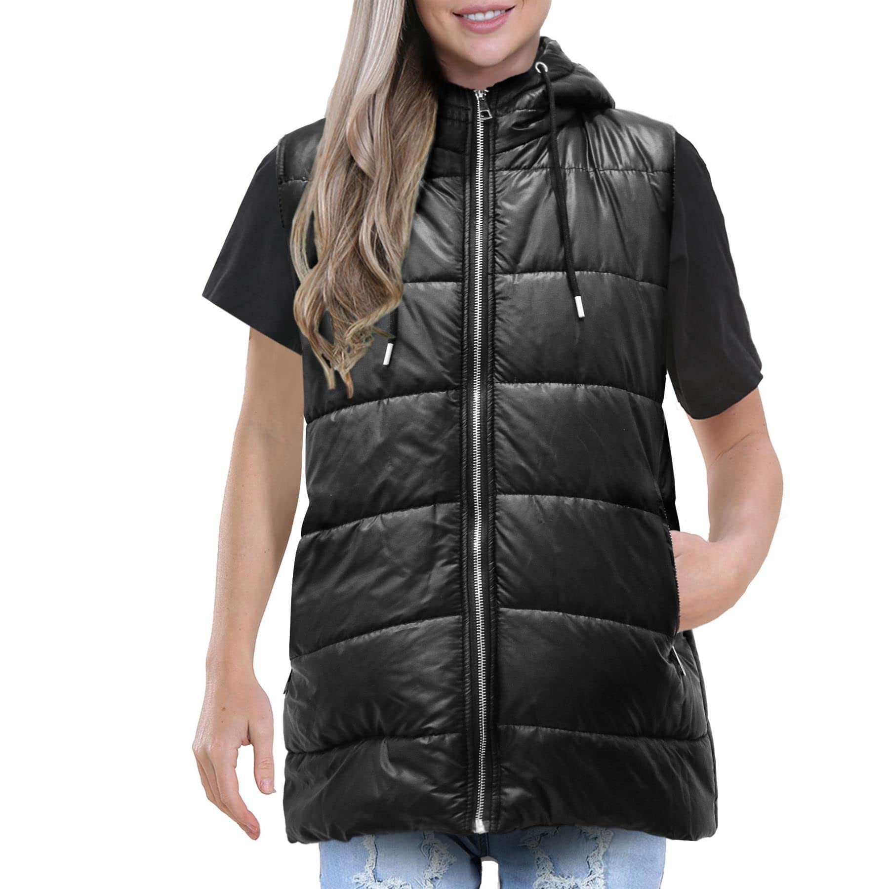Chaleco acolchado negro oversized con capucha estilo longline 7