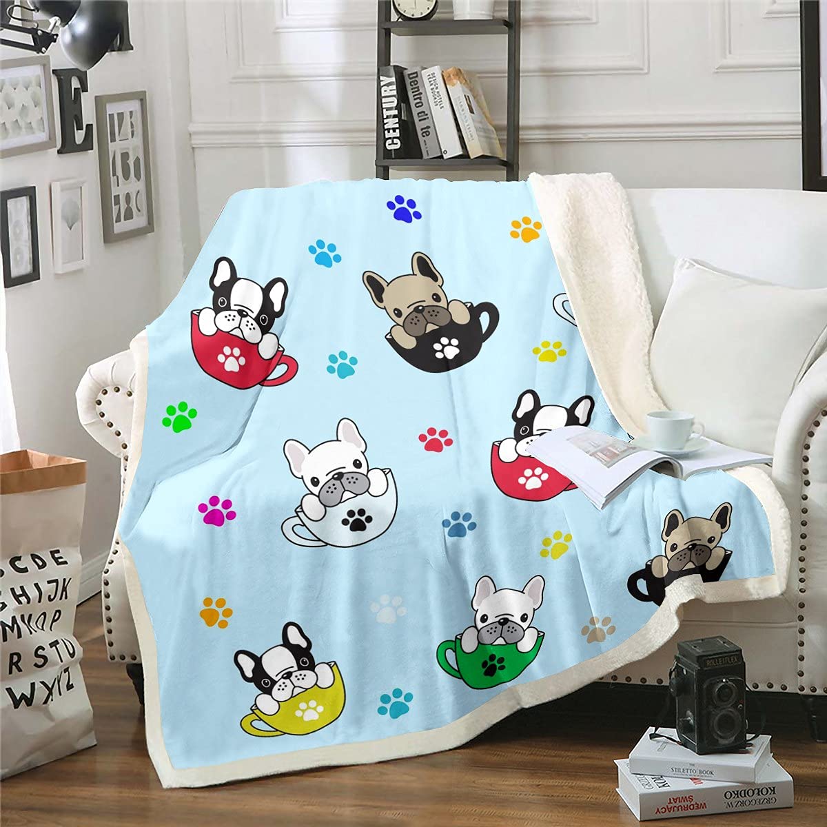 Loussiesd Manta de forro polar para perros para niños, manta de sherpa para sofá de cama, dibujos animados, diseño de patas, para mascotas, perro, manta difusa de rey de 87 x 94 pulgadas