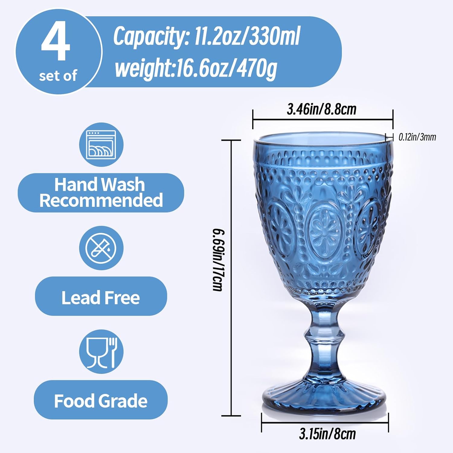 Blue Wine Glasses set of 4, Blue Goblets, Vintage Drinking Glassware, Colored Glassware Set for Party Home Wedding Baby Shower - Image 2