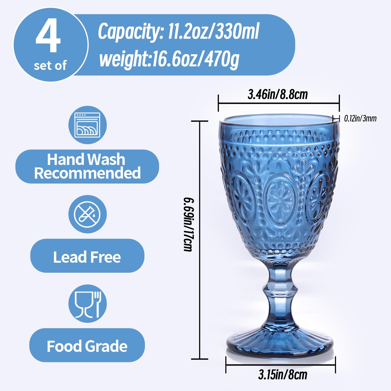 Blue Wine Glasses - Vintage Goblets Set of 4 -2