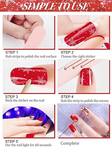Miniatura 5 de Kalolary Tiras de uñas de gel de Navidad rojas, calcomanías de Papá Noel, copos de nieve de alce, esmalte de uñas de gel real, diseño de arte de