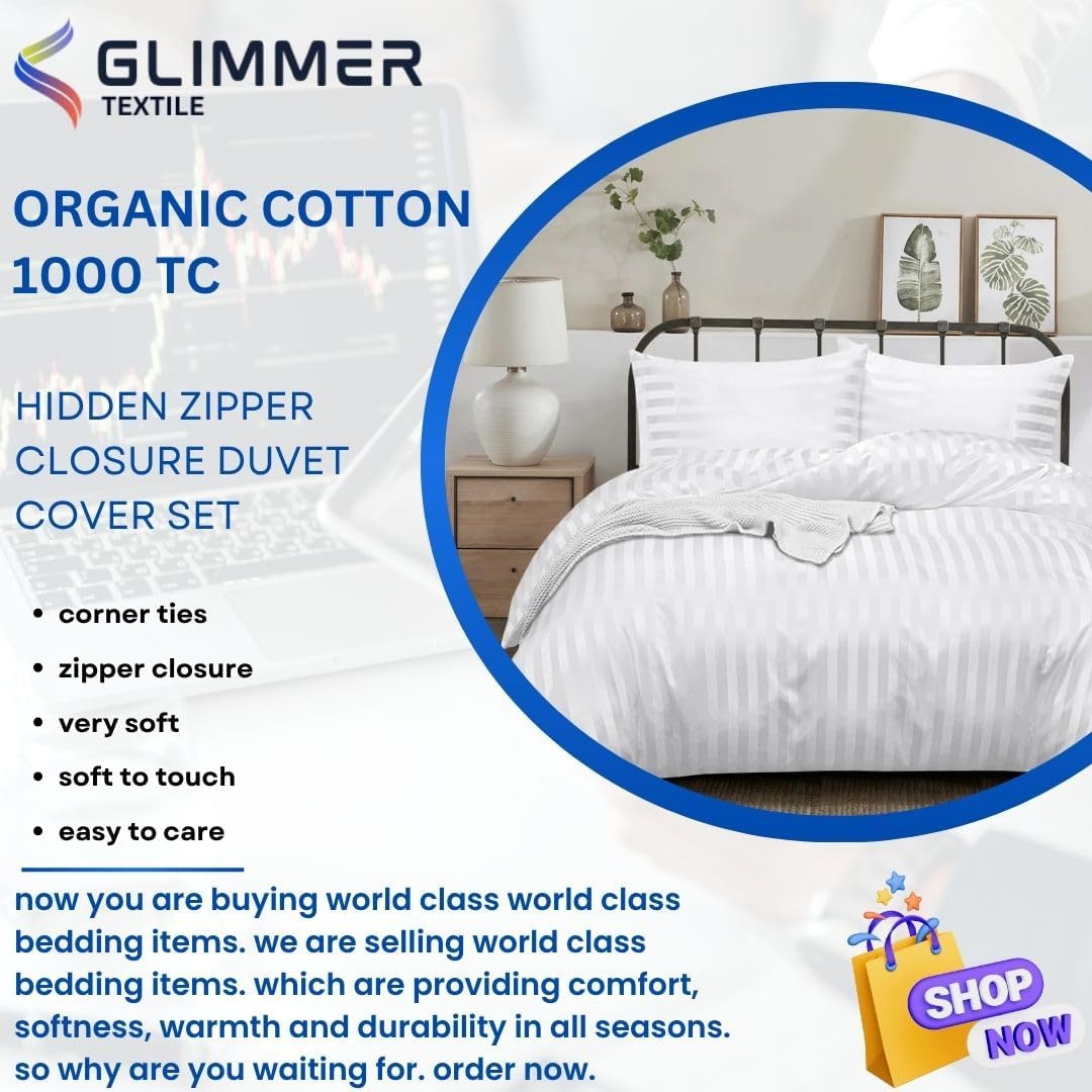 Striped Pattern Duvet Cover Set 3PC| Super King Plus(120"X120")| Organic Cotton|1000 TC| Zipper Closure| Corner Ties| Skin Friendly| Breathable| Very Soft| White
