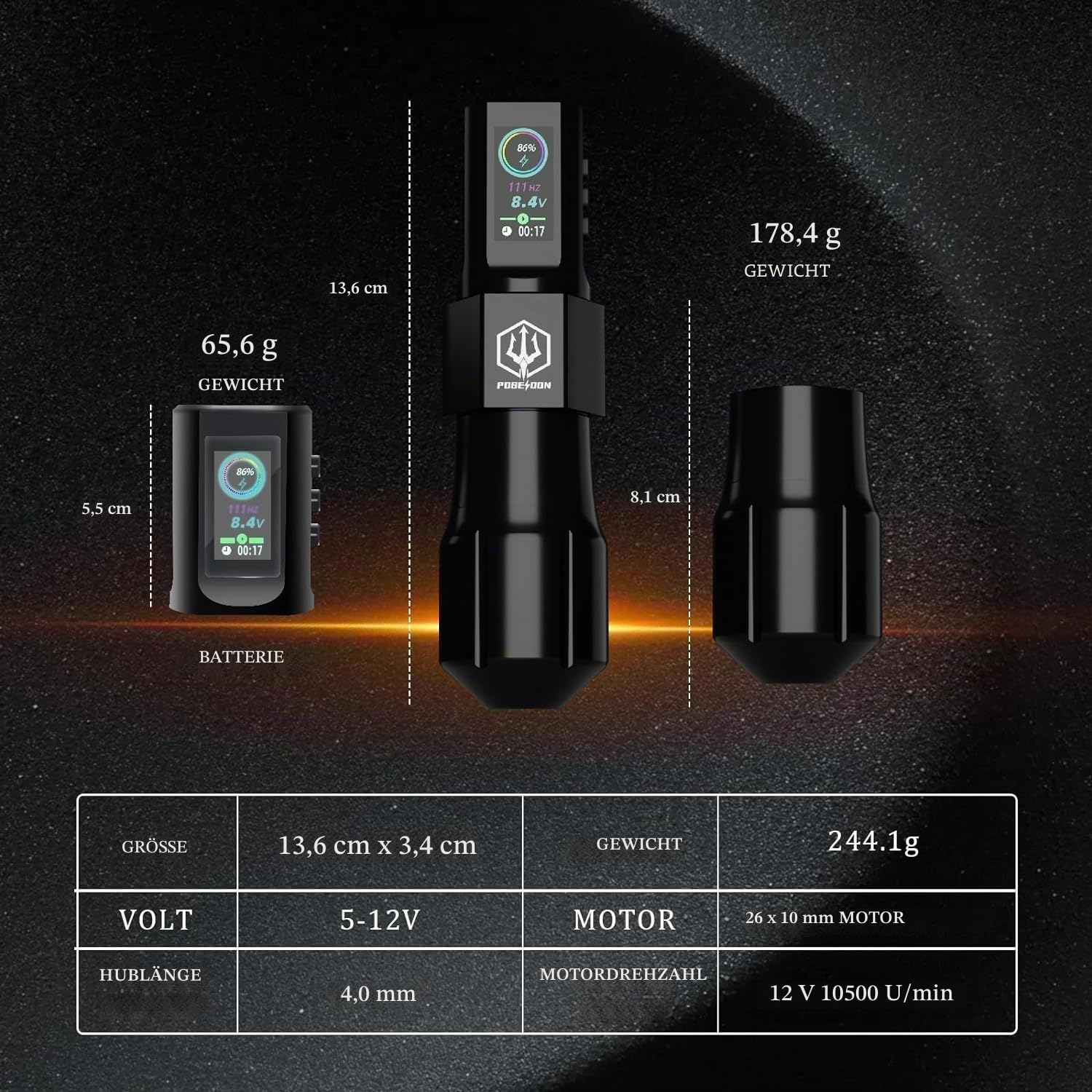 POSEIDON Tattoo-Pistole-Set – Stift mit 20 Nadeln und kabelloser Stromversorgung, Stift-Set mit digitaler LED-Anzeige, Tattoo-Maschine, Tattoo-Zubehör für Künstler