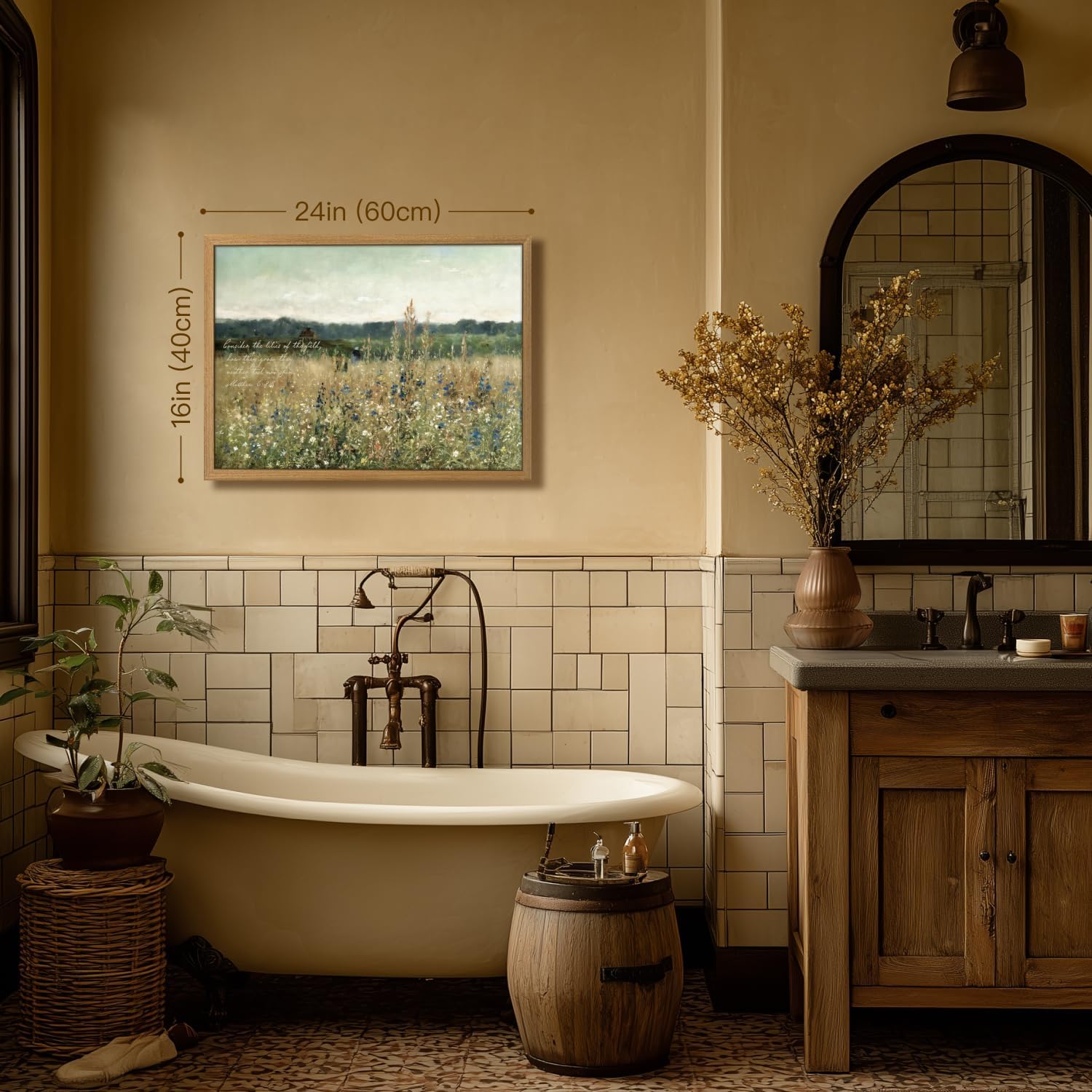 HLXRAE Christian Scripture Canvas Wall Art, “Consider the Lilies” Bible Verse Wall Decor, Rustic Wildflower Poster Print, Vintage Religious Artwork for Church Prayer Bedroom Wood Framed 16x24 Inch