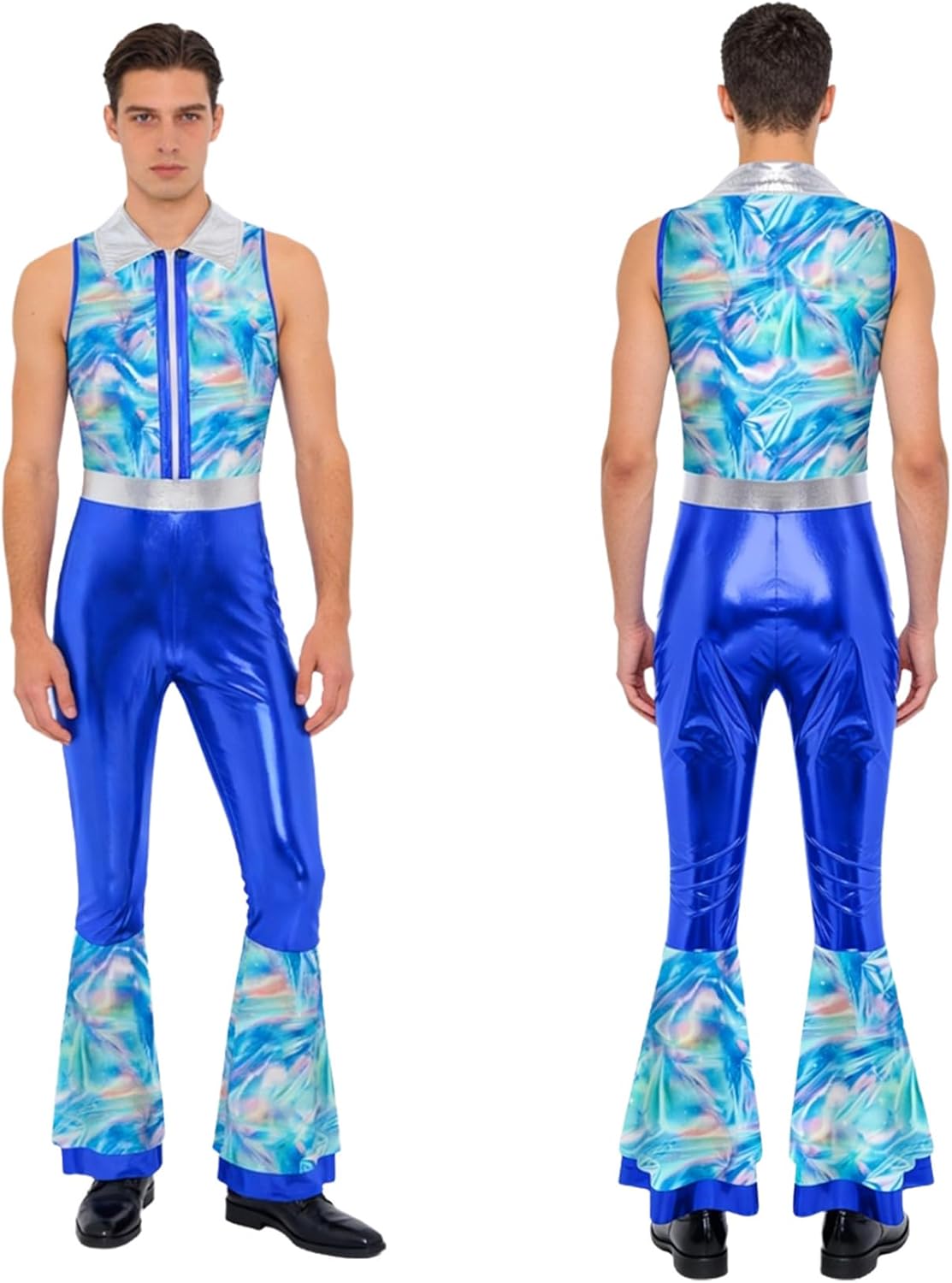Hansber Men's Disco Party Jumpsuit Metallic Shiny Sleeveless Bell Bottom Pants Spandex Bodysuit Dancewear