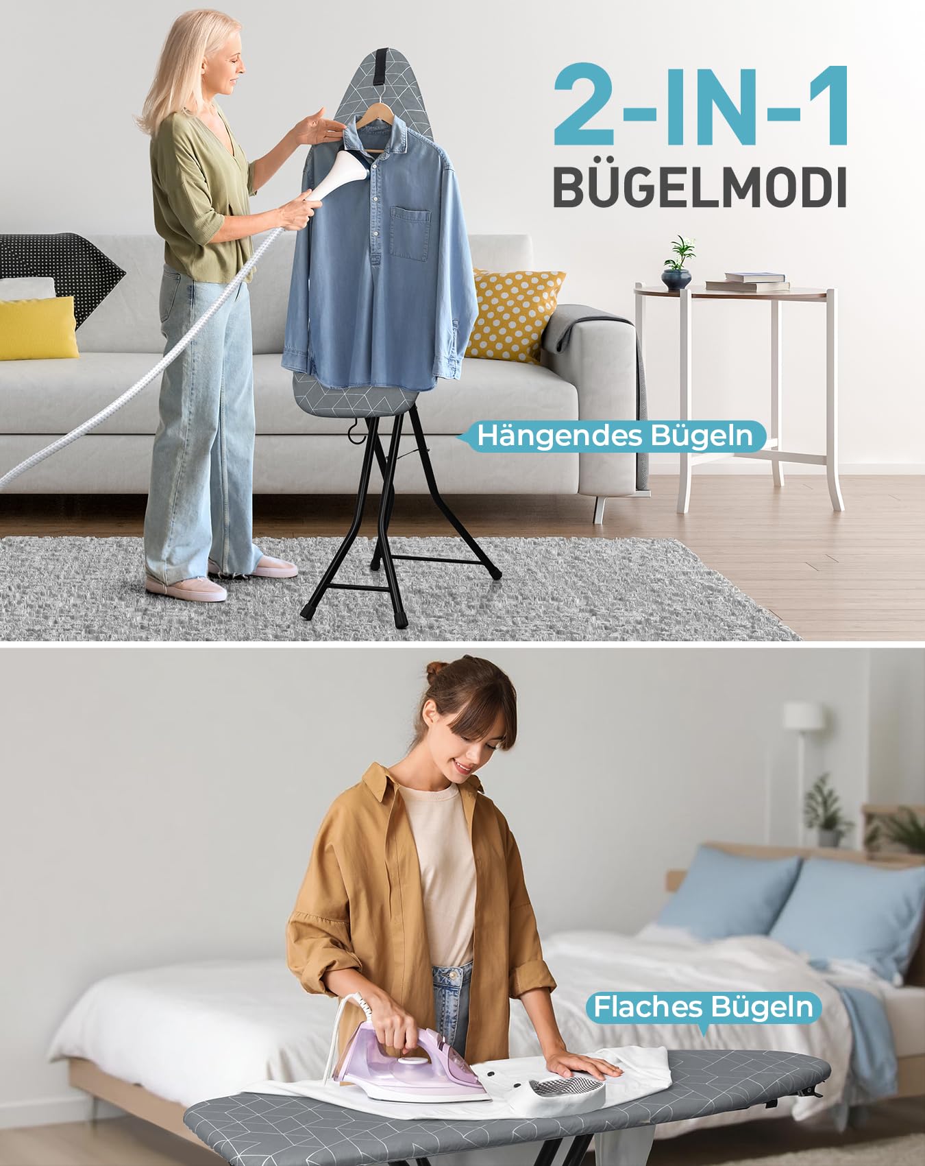 LyriFine Bügelbrett, 2-in-1 Bügeltisch für Dampfbügeln und klassisches Bügeln, hitzebeständige Auflage, klappbar mit Haken, Stabiler Stahlrahmen, Bügelbrett für Dampfbügelstation, grau