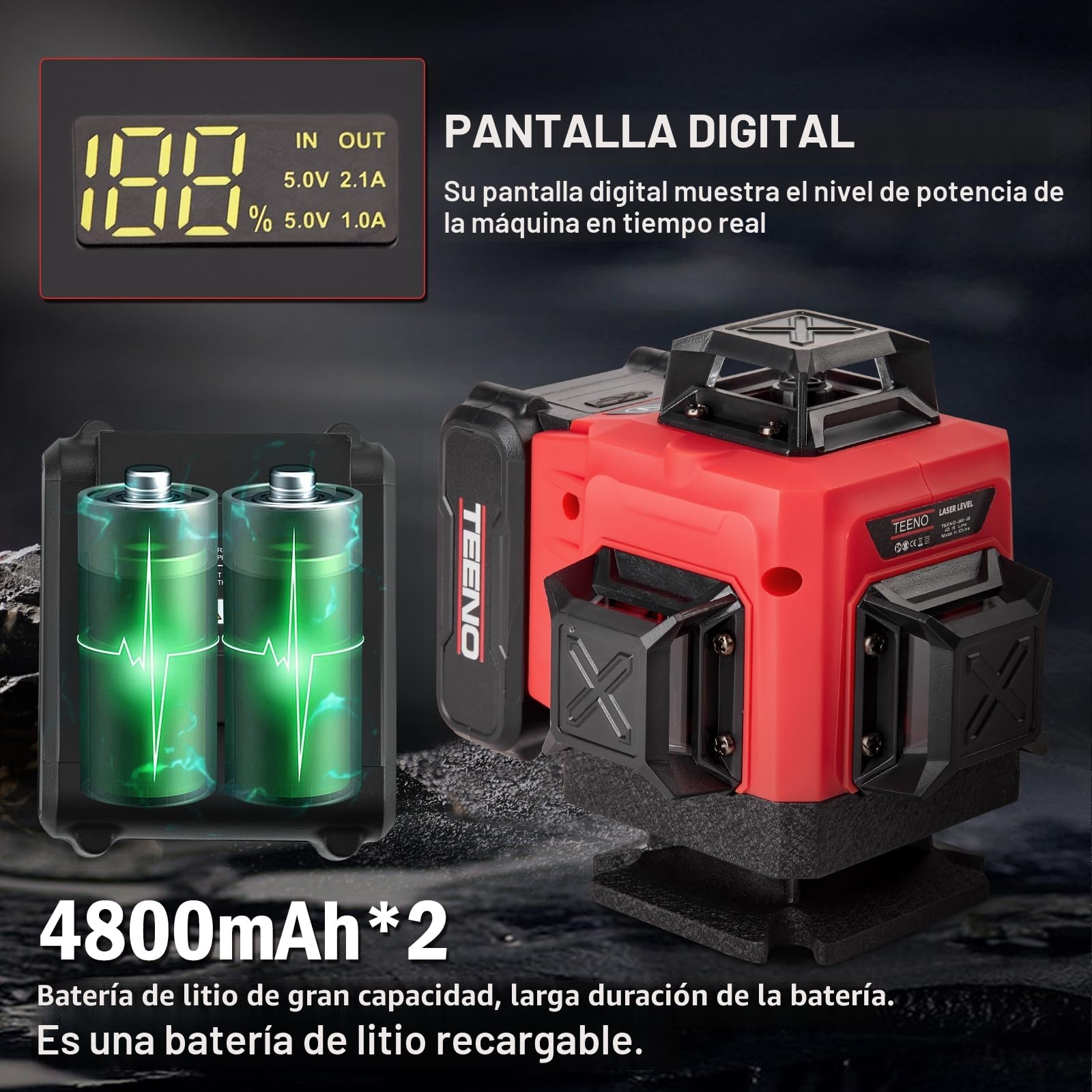TEENO Nivel Láser 16 Lineas,Nivel Laser Autonivelante 4 x360° con 2 * 4800 mAh，Línea Cruzada Horizontal y Vertical para Interior y Exterior con Trípode+ pantalla digital LCD, base magnética