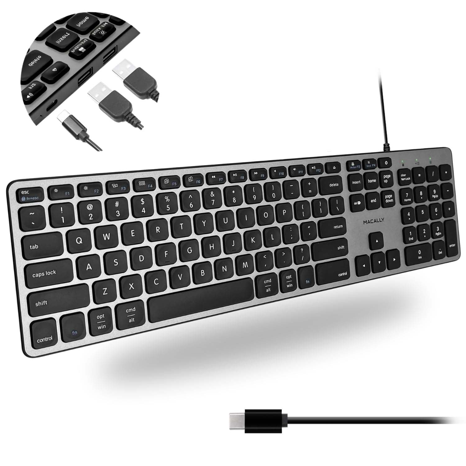 Macally UCZKEYHUBACSG, erweiterte USB-C Tastatur mit 2 USB-A & 1 USB-C Ports und US QWERTY Layout, Space Grey