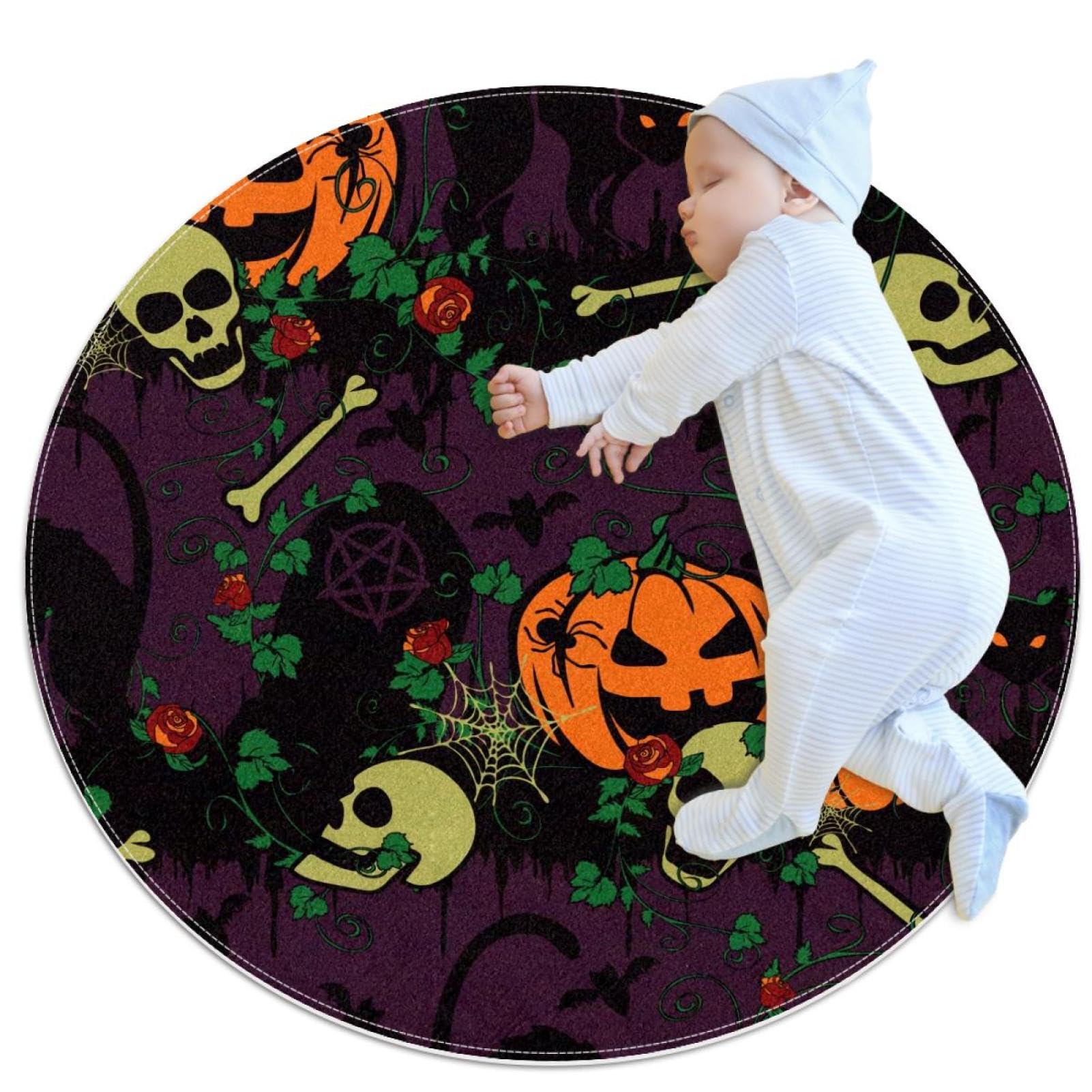 Tapis de bain gothique rond de 1m avec motifs tête de mort et citrouille antidérapant