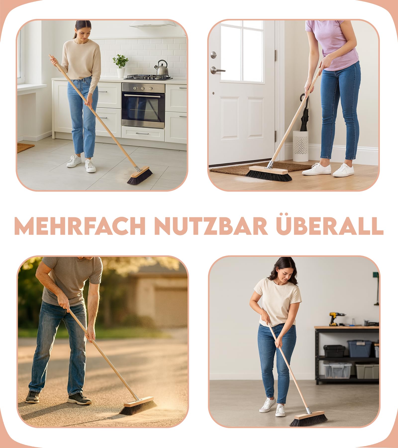 Straßenbesen 2er Set – Besen mit Holzstiel & weichen Borsten - Besen 500 mm + Stiel 120cm – Außenbesen für Hof, Werkstatt & Garage – Kehrbesen für feinen Schmutz
