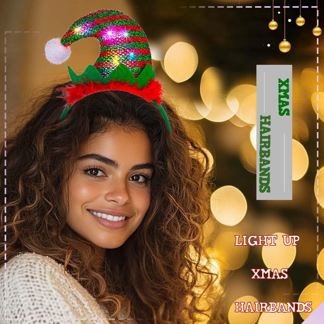 Christmas Headband Light Up Elf Hat Hairbands Santa Hat Headpieces Glitter Festival Hair Accessories for Women - Image 5